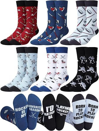 Haysandy 6 Pairs Funny Mens Hockey Socks Novelty Cotton Athletic Crew Socks Gift for Fathers Day Hockey Team Player Lovers