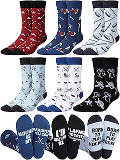 Haysandy 6 Pairs Funny Men's Hockey Socks Novelty Cotton Athletic Crew Socks Birthday Christmas Winter Gift for Hockey Lovers