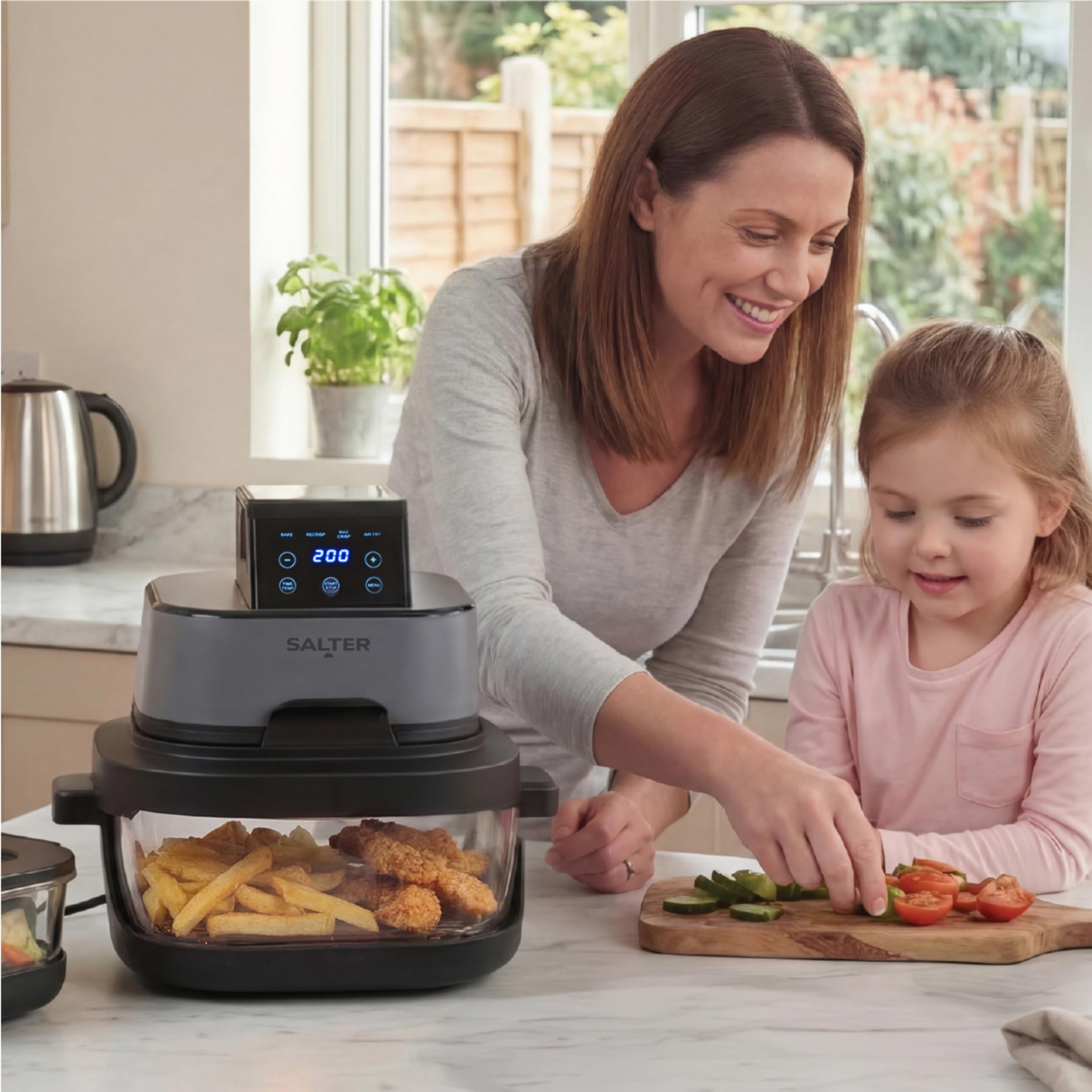 Salter Crisp & Go przenośna frytkownica beztłuszczowa – wymienne pojemniki, okno 360°, 4 l + 1,5 l na wynos, tacki bez PFAS do zmywarki, do 200 °C, 1500 W