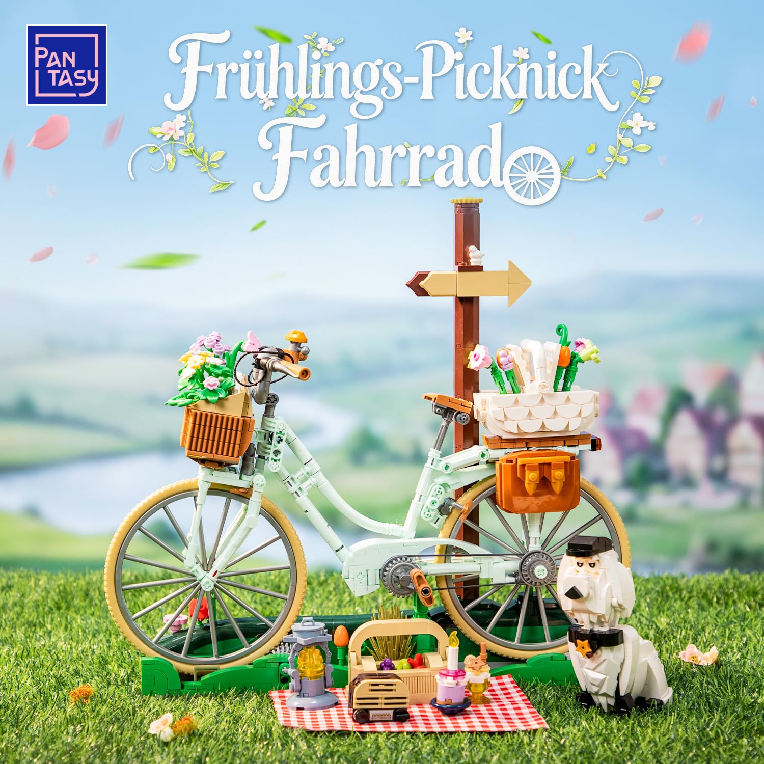 PANTASY Blumen Fahrrad Klemmbausteine Set, Vintage Deko Modell | Blumen Fahrrad Bauset für Erwachsene, Vintage Deko Modell mit Blumenkörben, Picknick Szene, Welpe, Geschenk