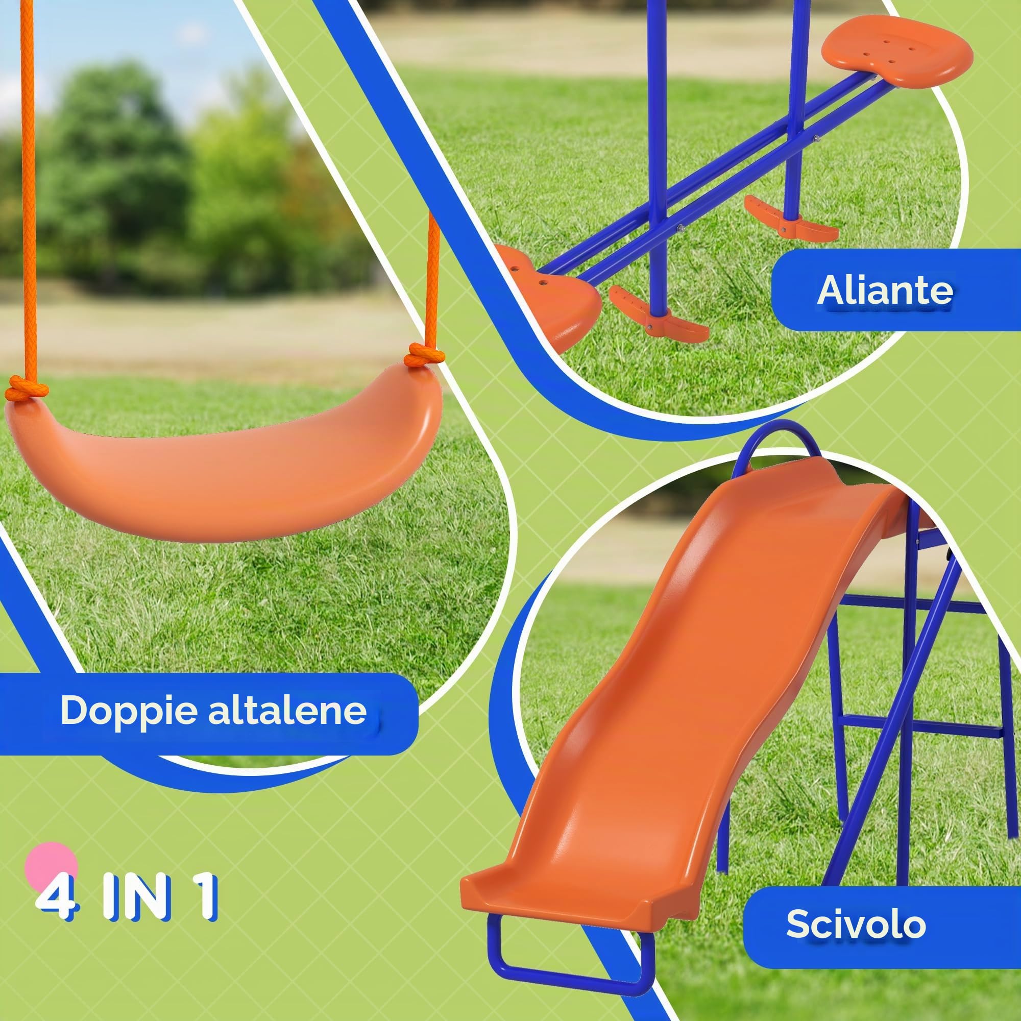 Outsunny Set altalena 4 in 1 metallo giardino per bambini 3-8 anni
