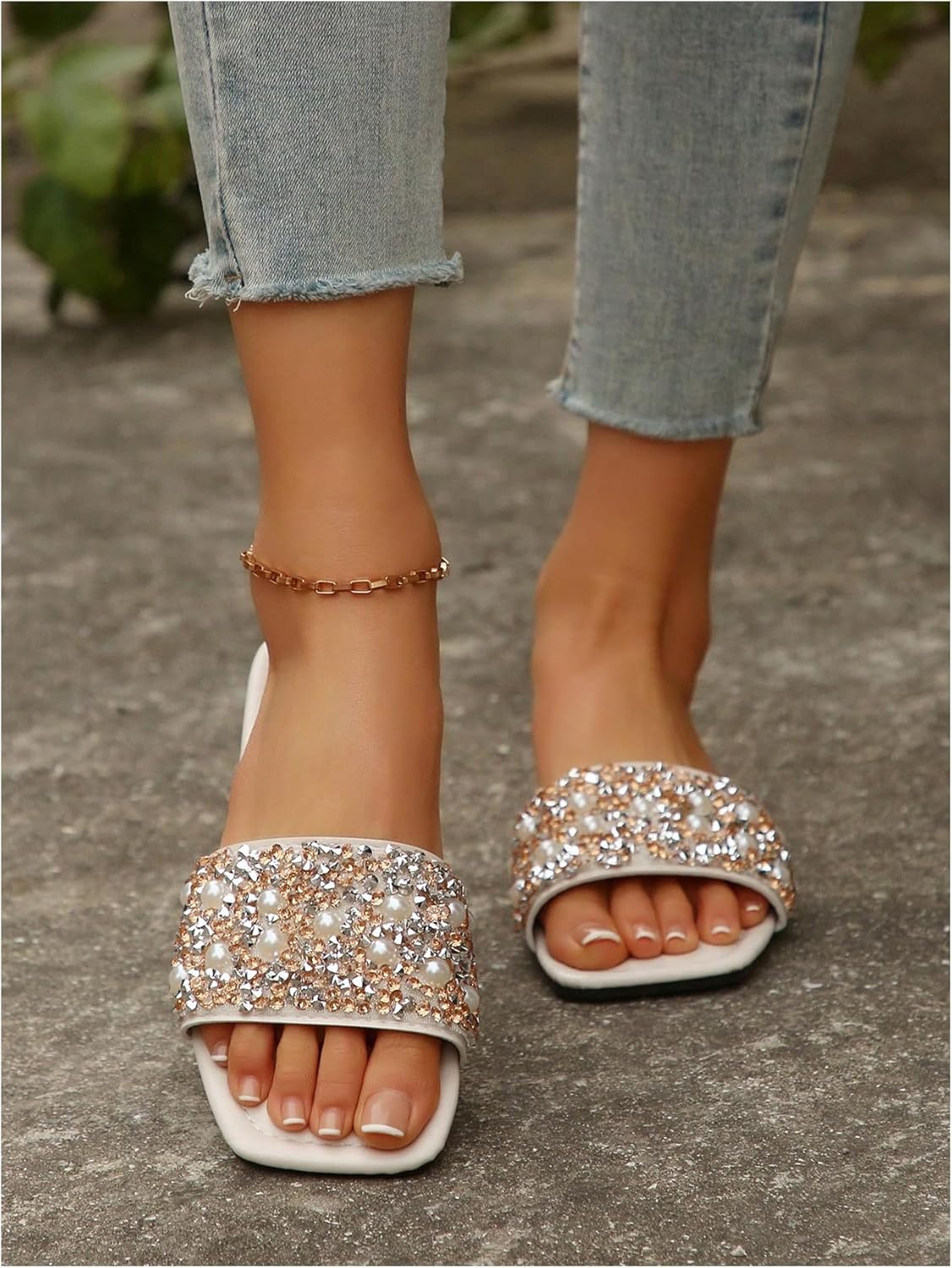 BEAUDRM Women's Sparkly Dressy Flat Sandals Glitter Jeweled Pearls Beaded Slippers Open Toe Slide Shoes