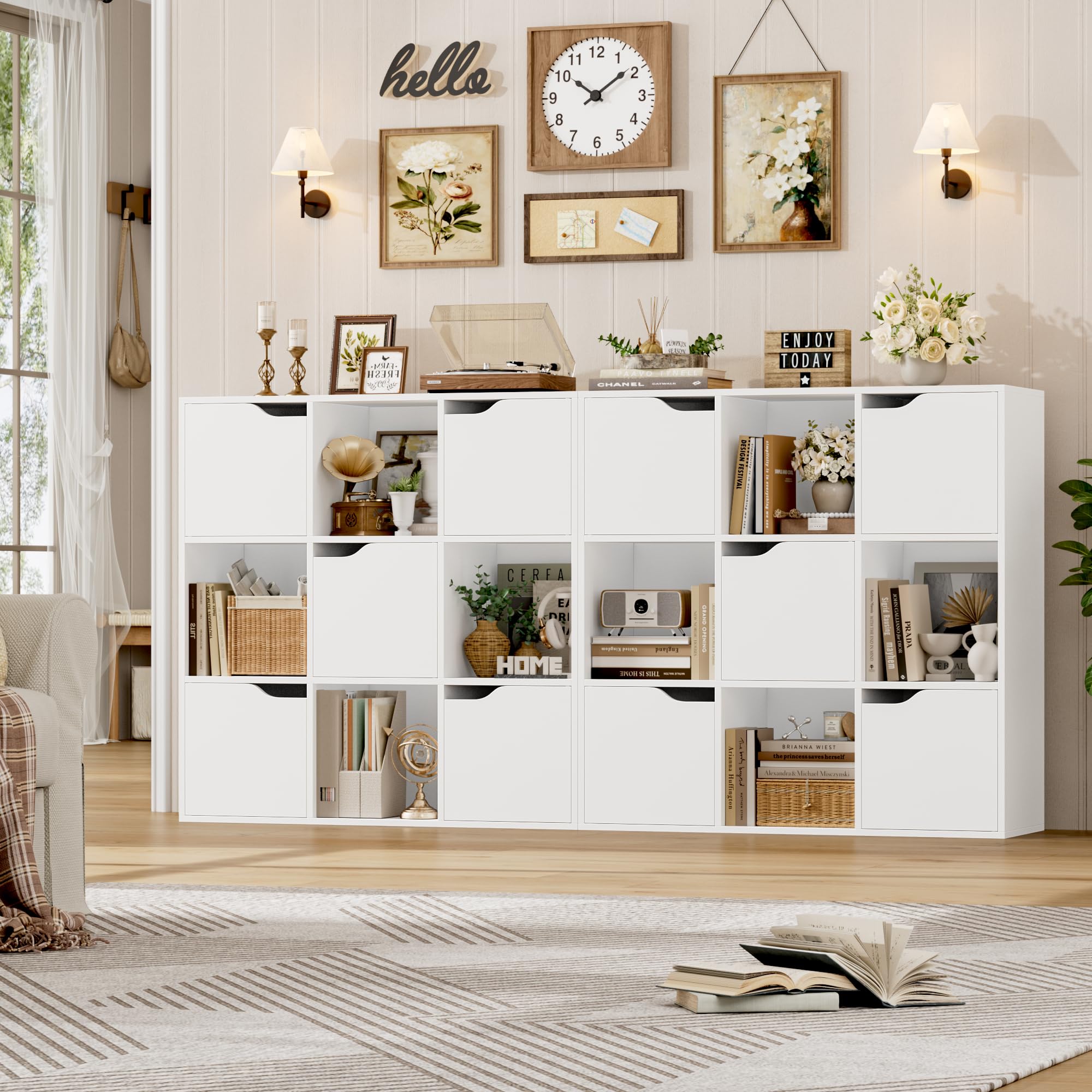 FirFurd Bücherregal Bücherschrank mit 5 Türen 9 Fächern 90x29x90 cm weiß | Kallax Regal, Würfelregal, Büroregal, Raumteiler, Aufbewahrungsregal für Wohnzimmer Arbeitszimmer Kinderzimmer
