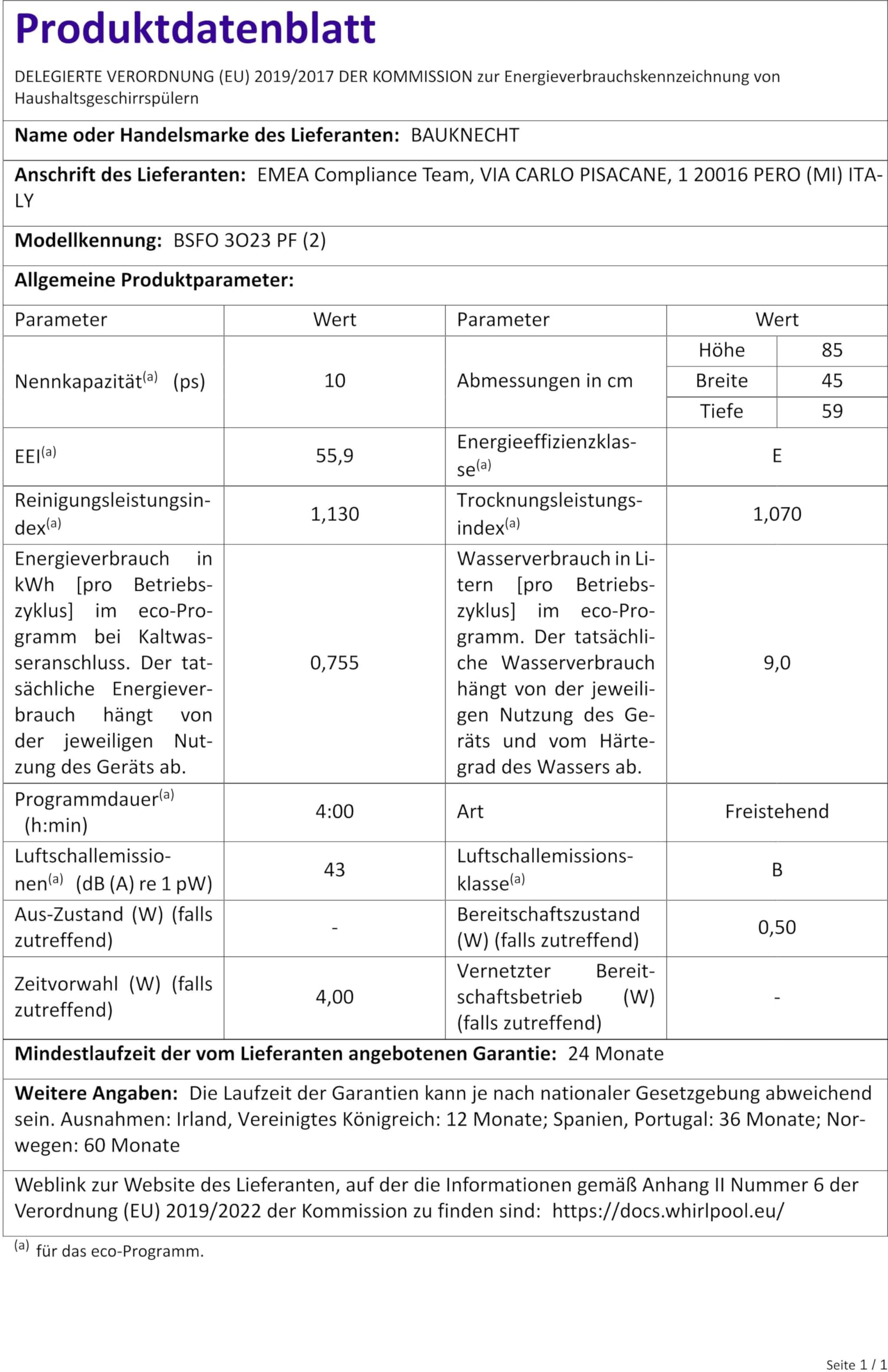 Bauknecht BSFO 3O23 PF Freistehender Geschirrspüler 45 cm Breite/PowerClean/ExtraDry/Vollwasserschutz/Sensor-Programm/Besteckschublade/Kindersicherung