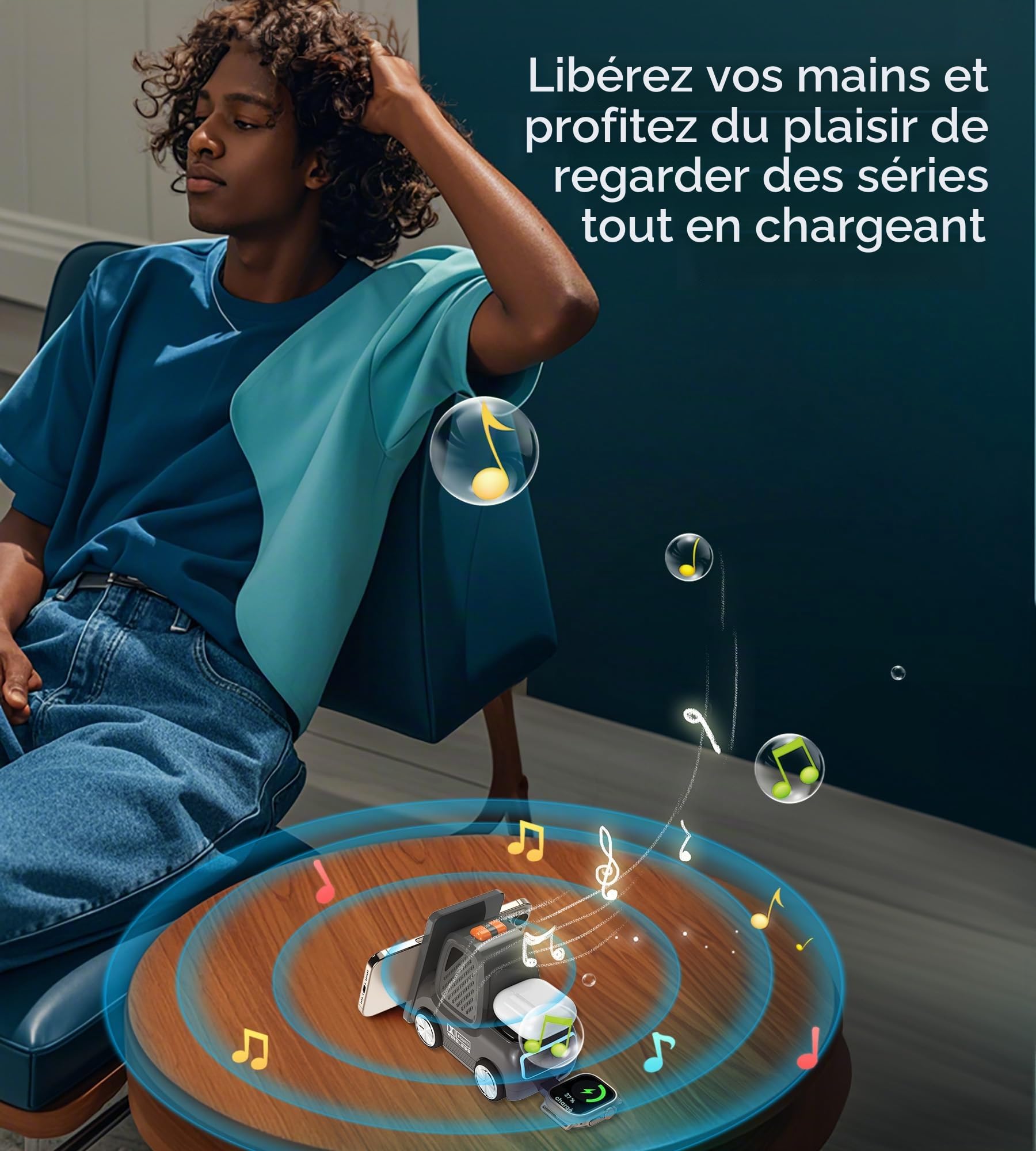 Station de charge sans fil pour chariot élévateur avec haut-parleur Bluetooth, chargeur rapide sans fil 4 en 1 pour plusieurs appareils, compatible avec iPhone 16 15 14 13 Pro Max Series, Apple iWatch