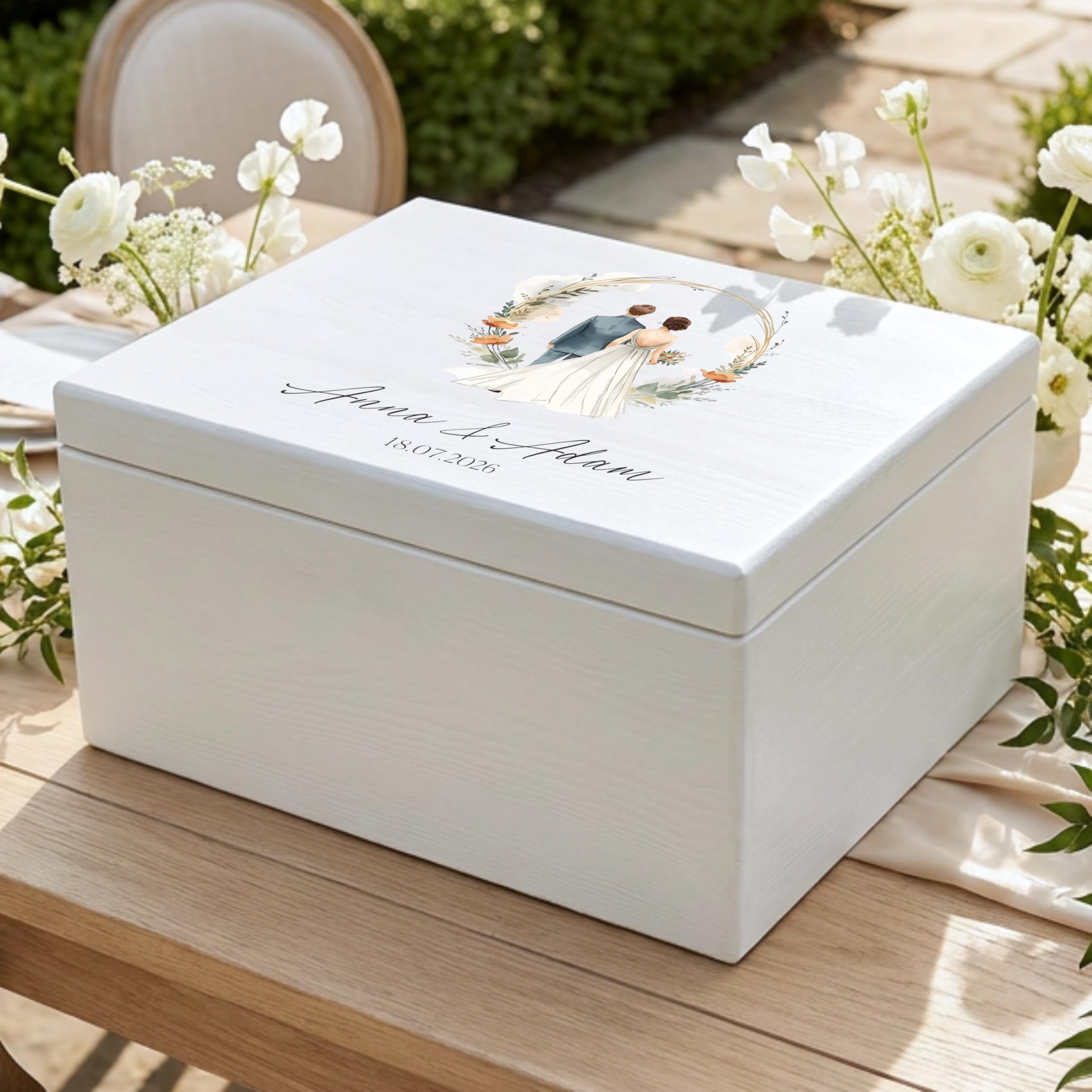 Creative DECO Personalizada Caja de Regalos Originales para los Novios Boda | Regalo Blanca | Caja Madera de Recuerdos Especiales | Parejas Aniversario Matrimonio | Motivo Pareja con Nombres Fecha