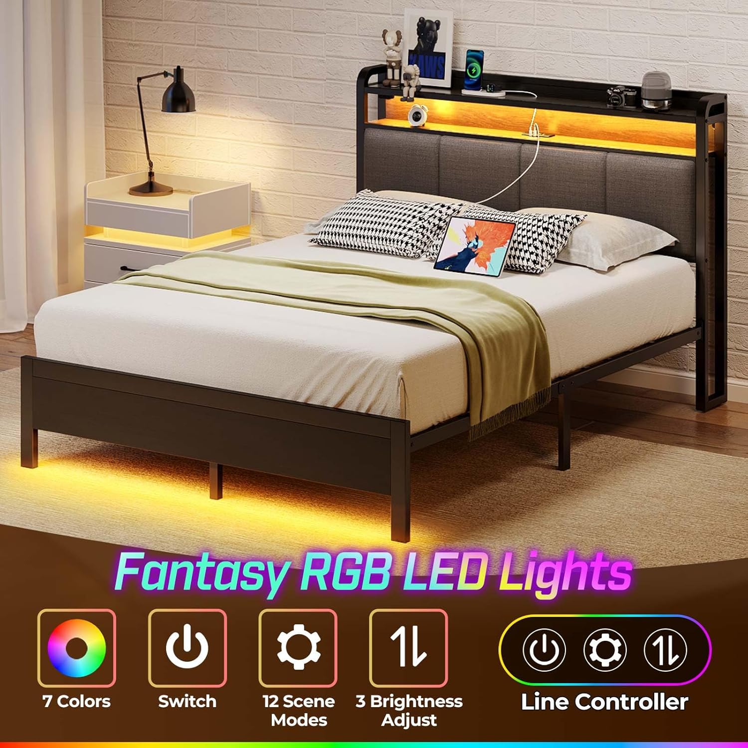 Rolanstar Bed Frame Twin Size with Charging Station and LED Lights, Upholstered Headboard with Storage Shelves, Heavy Duty Metal Slats, No Box Spring Need, Noise Free, Easy Assembly, Dark Grey - Image 3