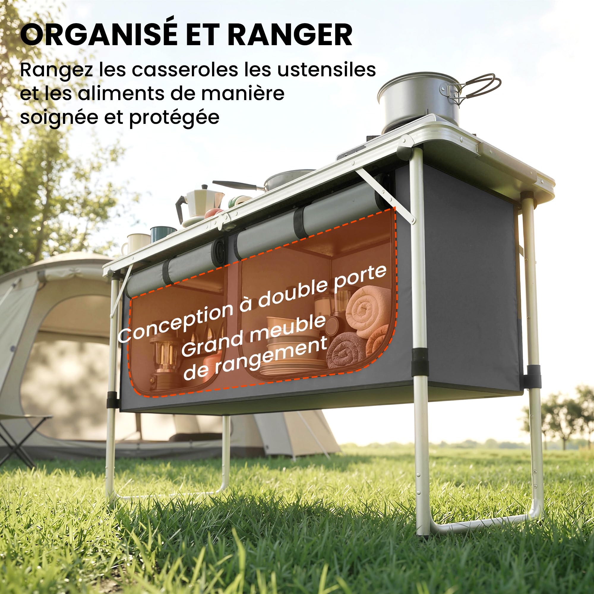 Outsunny Armoire de Camping Pliante en Aluminium, Cuisine de Camping Portable avec Rangement pour Pique-Nique, Barbecue, Extérieur, 120x47x70cm, Argent