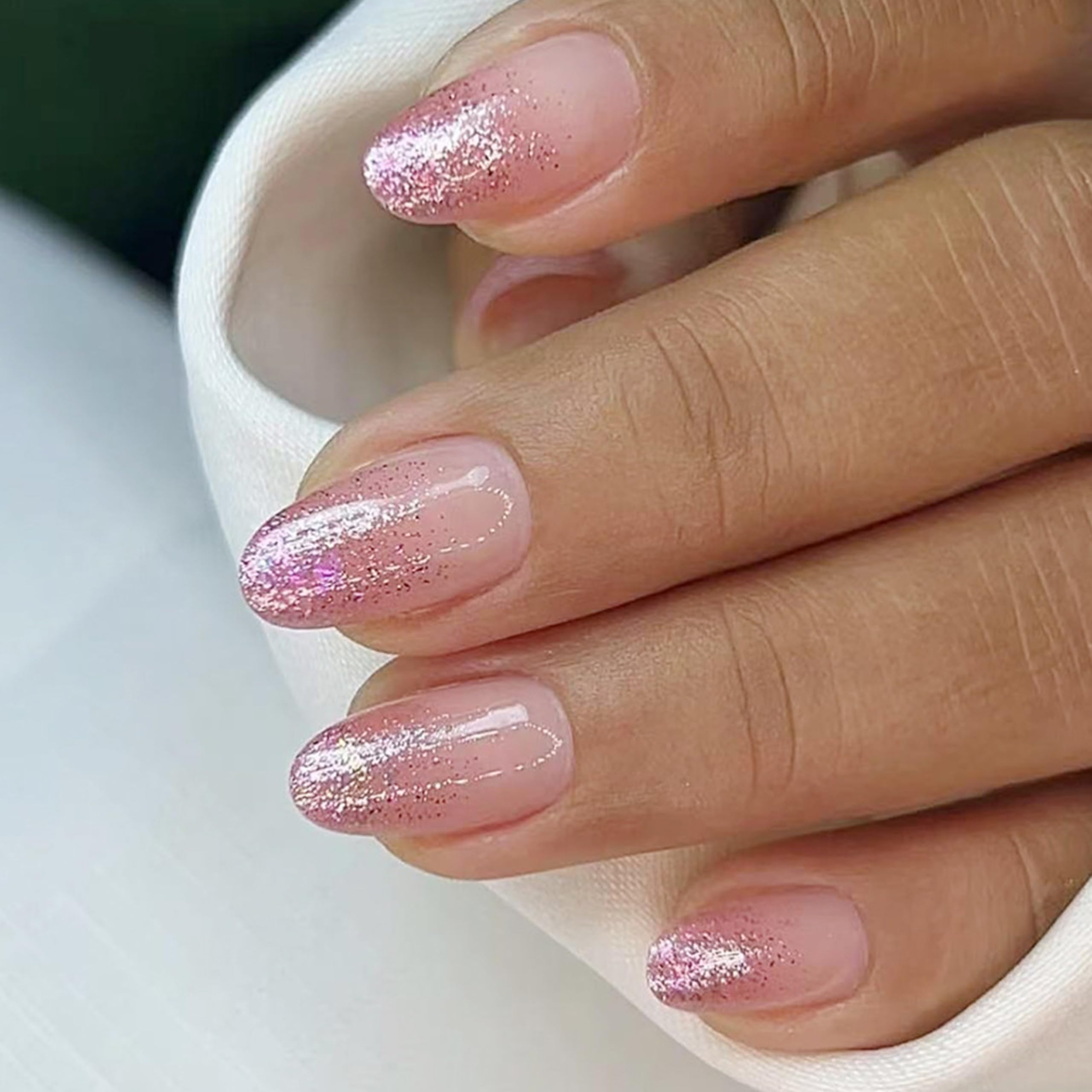 24Pcs Künstliche Fingernägel Mandel - Pink Gradient Glitzer Party Künstliche Fingernägel, Press on Nails Kurz Aufdrückbare Nägel zum Aufkleben Acryl Full Cover für Nail Art Maniküre DIY (Rosa)