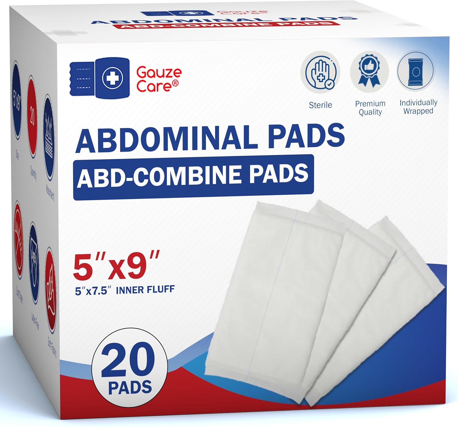 GauzeCare Sterile Abdominal Pads 5x9 inch 20-Pack | Extra Absorbent & Thick, Individually Packed Combine Pads with Non-Stick Outer Layer for Heavy Bleeding Wounds | Perfect for First Aid Kits (IFAKs) 5"x9" (20 Pads)
