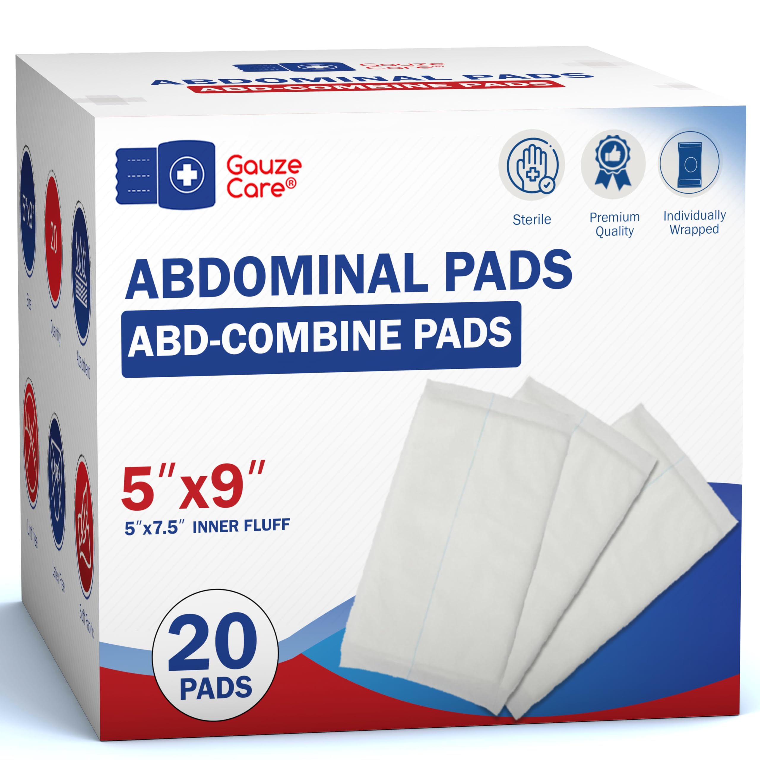 GauzeCare Sterile Abdominal- ABD Combine Pads| 20-Pack, 5 x 9 Inches| Extra Absorbent & Thick, Individually Wrapped Wound Dressing, First Aid Pads| Surgical-Grade, Nonstick- for Heavy Leakage, Post Op