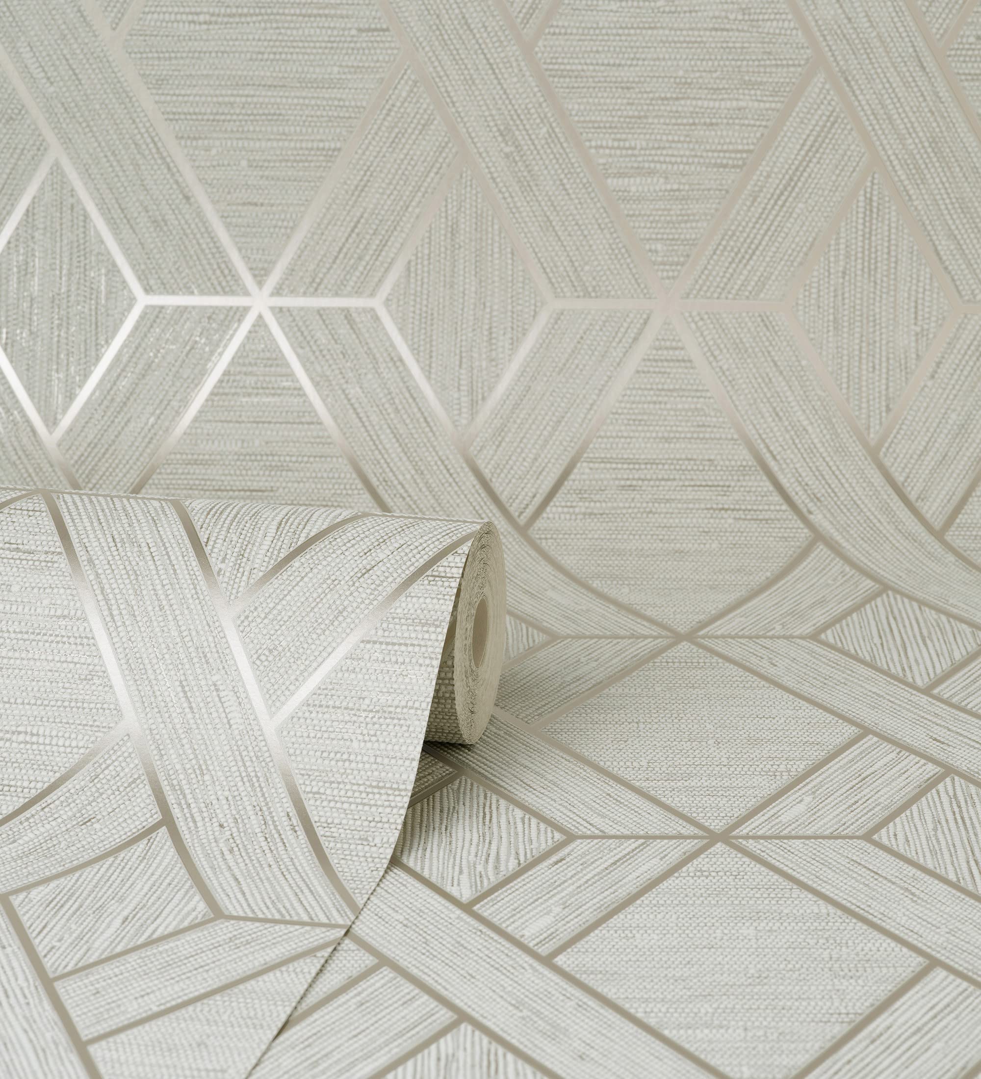 GAULAN 681977 - Papel pintado vinílico lavable geométrico trenzado de líneas metalizadas imitando al textil para pared salón cocina baño comedor - Rollo de 10 m x 0,52 m