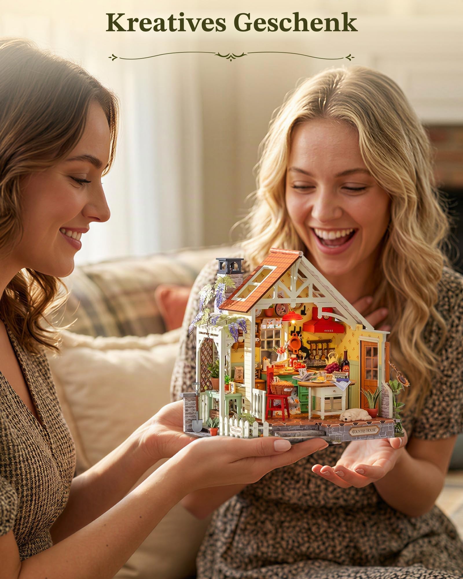 Rolife DIY Miniatur Haus Bausatz für Erwachsene, Sonnenlicht Bauernhaus Küche, Cottage Stil Holz Puppenhaus, Modellbausatz mit LED-Leuchten, Geburtstag Weihnachten Geschenk für Frauen