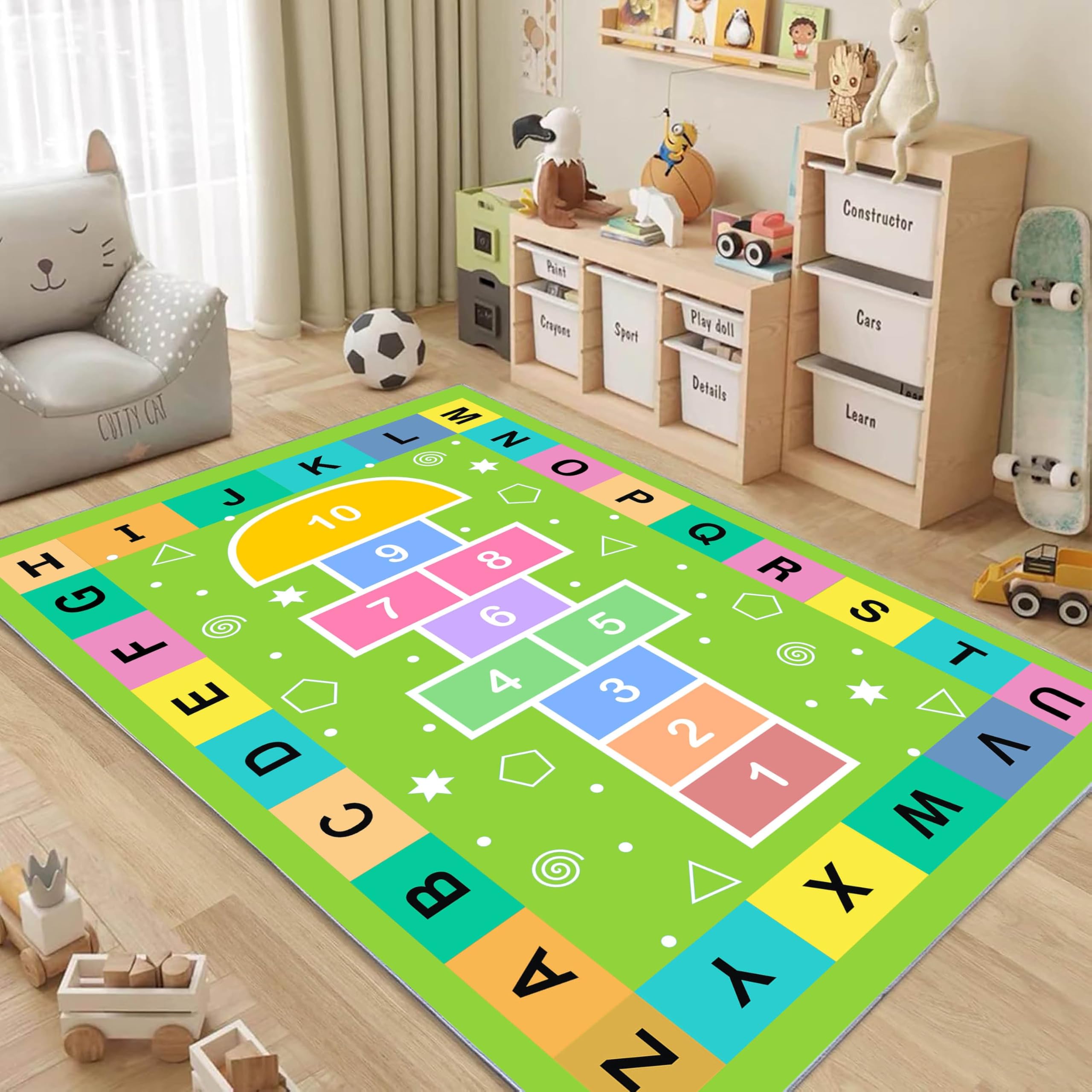 ZCLRUG Kids Alphabet ABC Area Rug, 70 x 140 cm Colorful Number letters Hopscotch grid Rugs, Washable Low Pile Non Slip Cartoon children's style green Floor mat for Kids Room Living Room Carpet