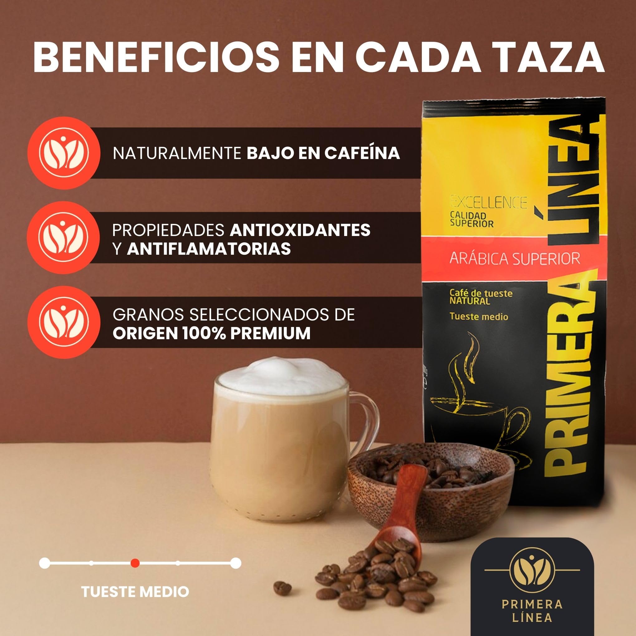 CAFE PRIMERA LÍNEA | Café en Grano Natural Gourmet Exclusivo 1kg | 100% ARABICA | Tueste Medio | Sabor Único y Auténtico| Ideal para Máquinas Espresso | Intensidad Media y Retrogusto Suave