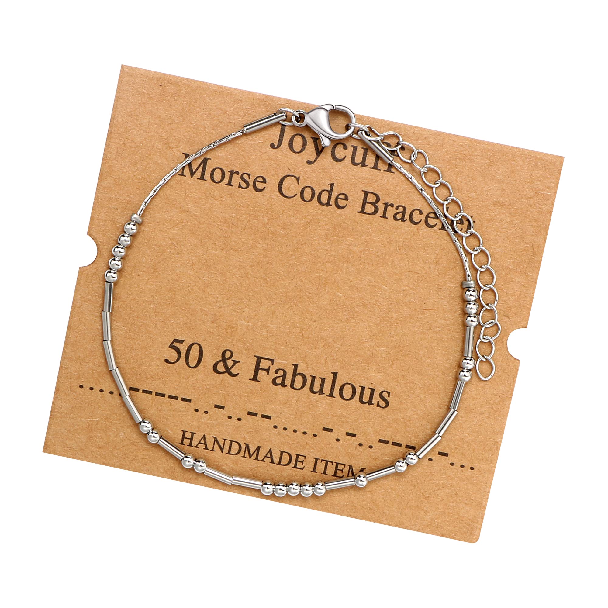 JoycuFF silver morse code bracelet with beads on a woman's wrist
