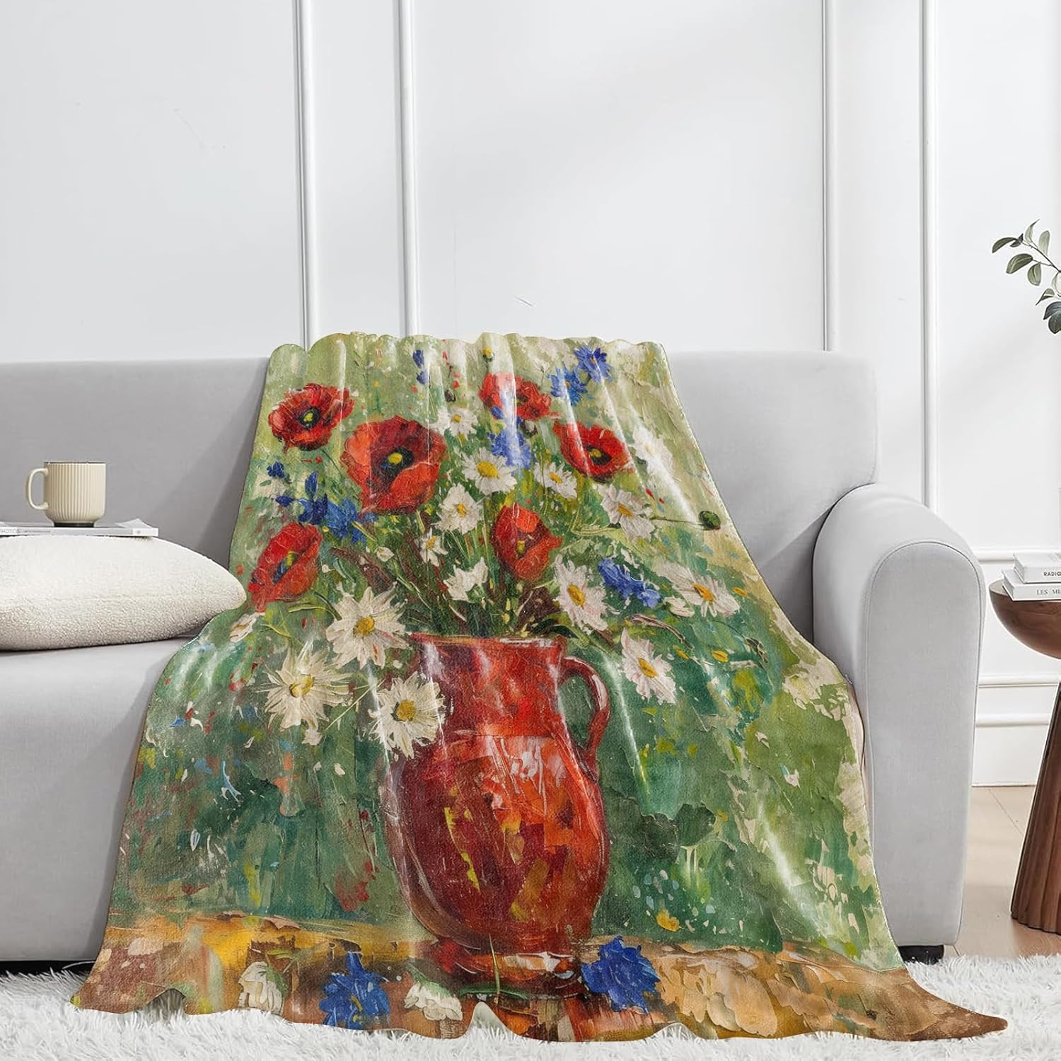Impressionist Floral Vase Flannel Blanket,Bold Oil Painting Style Throw with Daisy and Blue Wildflower,Lightweight Fleece Blankets for Nature Lover,Couch,Cabin,Bed,Camping Decor Gifts,60x50in