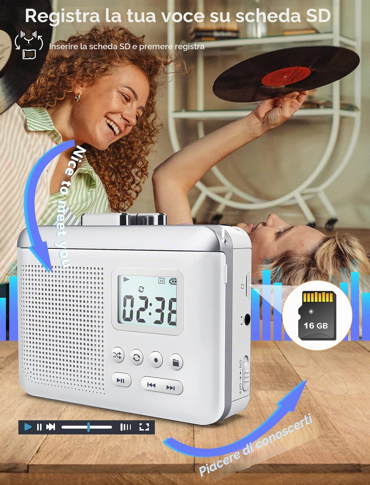 Gracioso Convertitore registratore portatile per cassette a MP3 con scheda SD, batteria ricaricabile 1000mAh, microfono e altoparlante integrati