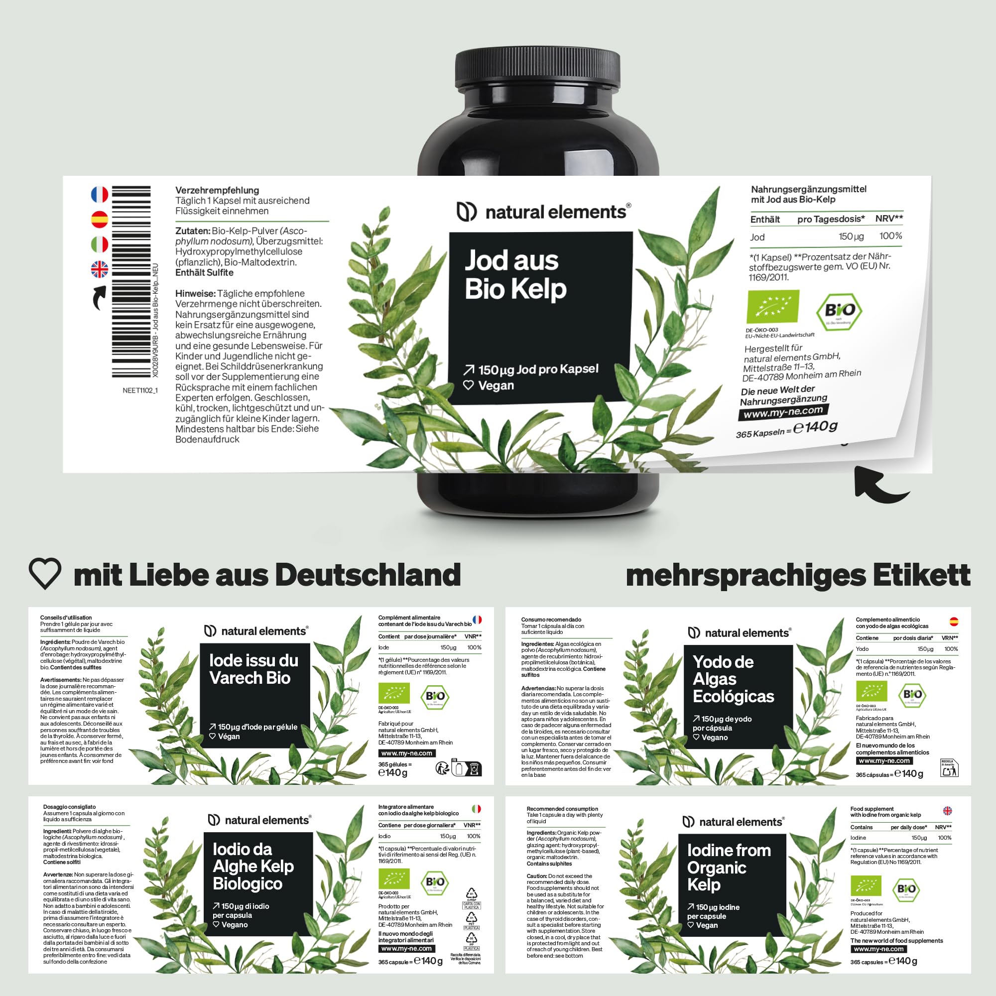 natural elements Jod aus Bio-Kelp – 365 Kapseln – 150µg Jod aus Braunalgen – Bio-Qualität für die Schilddrüse – vegan, hochdosiert, ohne unnötige Zusätze – in Deutschland produziert & laborgeprüft