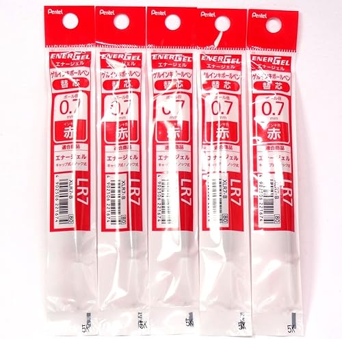 Pentel Recambio de tinta roja de 0.028 in (XLR7-B), para bolígrafo de gel líquido EnerGel (BL57-B), 5 unidades en total (importación de Japón)