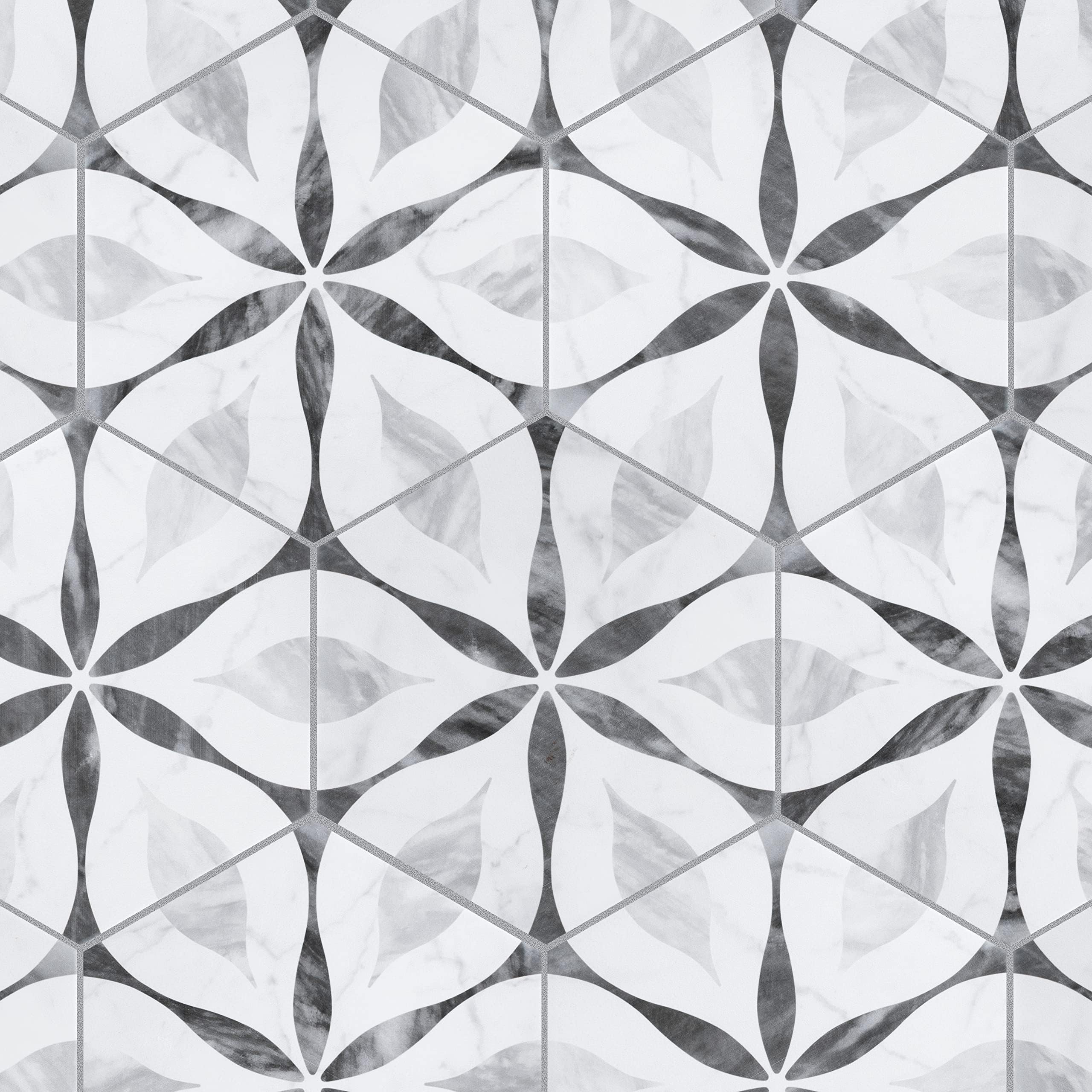 SomerTile FEQ8BXF Classico Bardiglio Hexagon Flower 7" x 8" Porcelain Floor and Wall Tile, White, 25