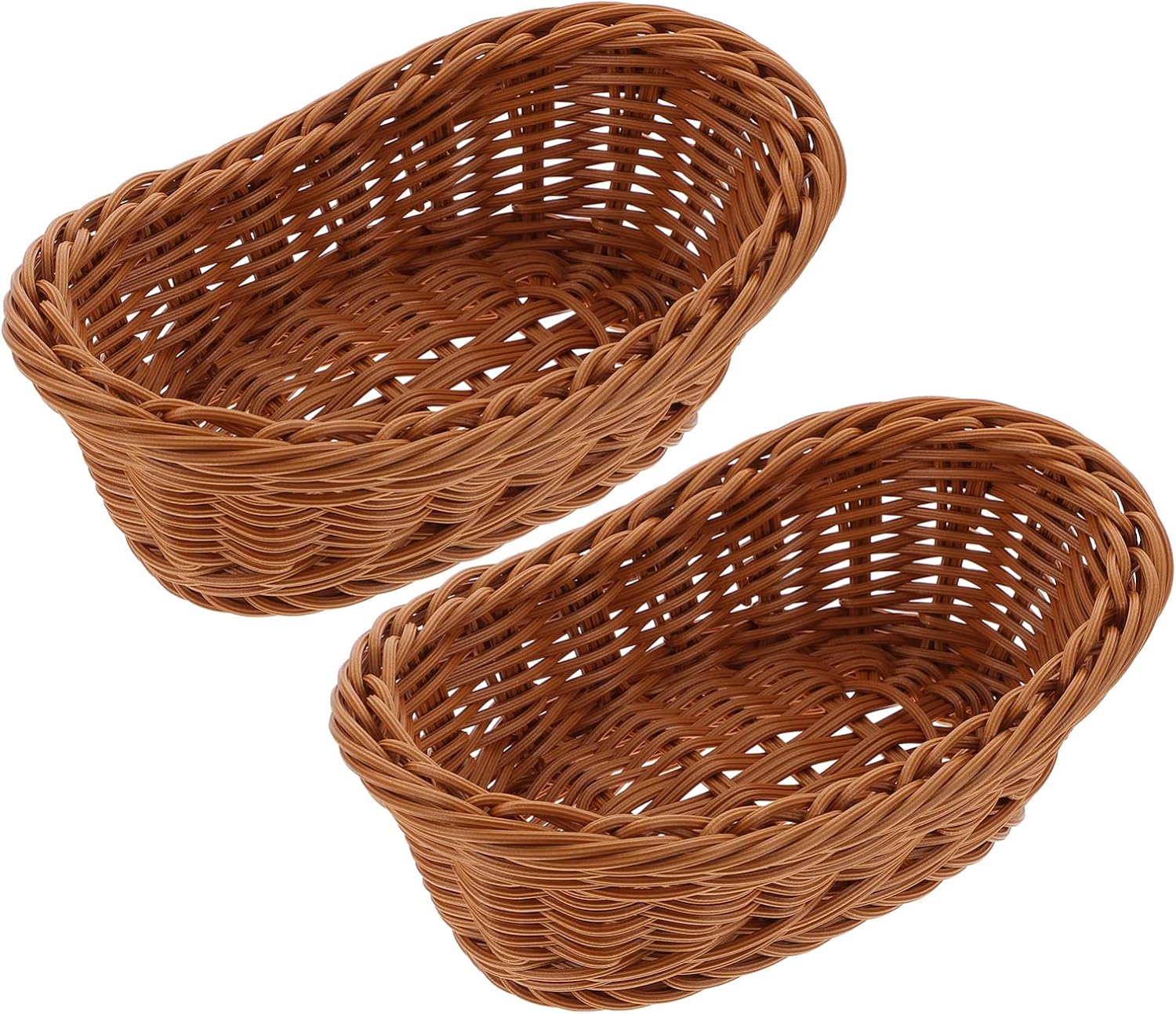 Luxshiny 2-pack Imitation Rattan Woven Baskets 7.48 X 5.11 X 2.95 in Plastic Storage Baskets for Bread Fruit Vegetables Snacks Kitchen Serving Bakery Office Tabletop Organization