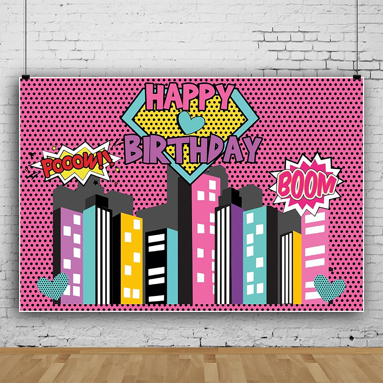 Renaiss 7x5ft Skyscrapers Backdrop for Photoshoot Kids Boy Girls Portrait Black Dots Bomb City Scenery Superhero Pink Photography Background Happy Birthday Banner Bday Party Decors Photo Booth Props
