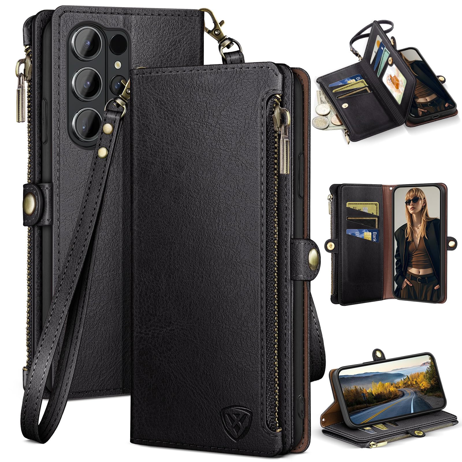 XcaseBar Compatible with ‌Samsung Galaxy S26 Ultra Wallet case with Zipper Credit Card Holder【RFID Blocking】,Flip Folio Book PU Phone case Shockproof Cover Women Men for Samsung S26 Ultra case Black-image-49