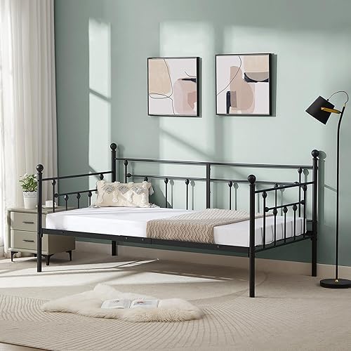 Miniatura 62 de VECELO - Marco de sofá cama de metal prémium, soporte de listones de acero, cabecera de patas fuertes, base de colchón, muebles multifuncionales