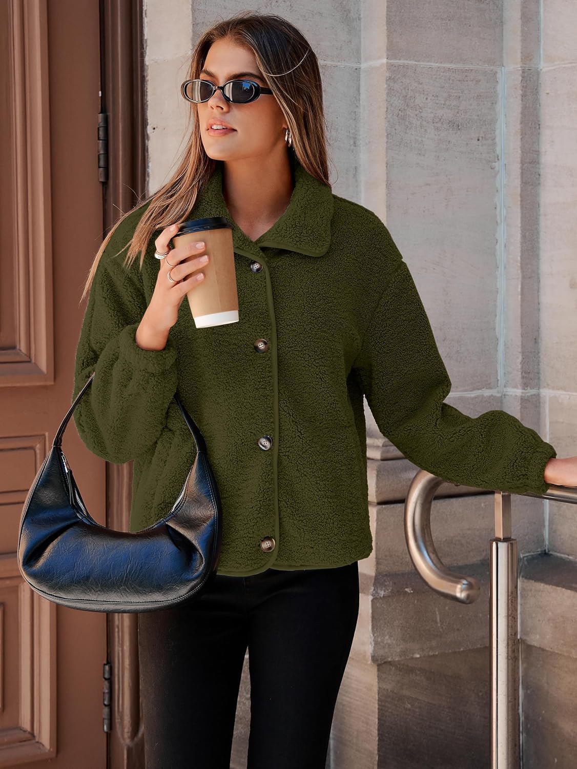 Glamaker Womens Sherpa Fleece Fuzzy Jackets Casual Warm Winter Button Down Long Sleeve Fluffy Coats 2025 Fall With Pockets - Image 2