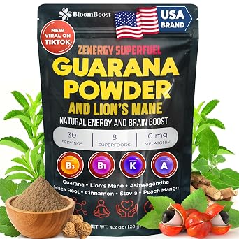 BloomBoost Guarana Powder 1,000mg Per Serv - Lions Mane, Ashwagandha, Maca,... Natural Caffeine Energizer, Brazilian Herbal Extract, Bulk Superfood, Vegan Friendly, Non-GMO - 4.2oz 30 Servings