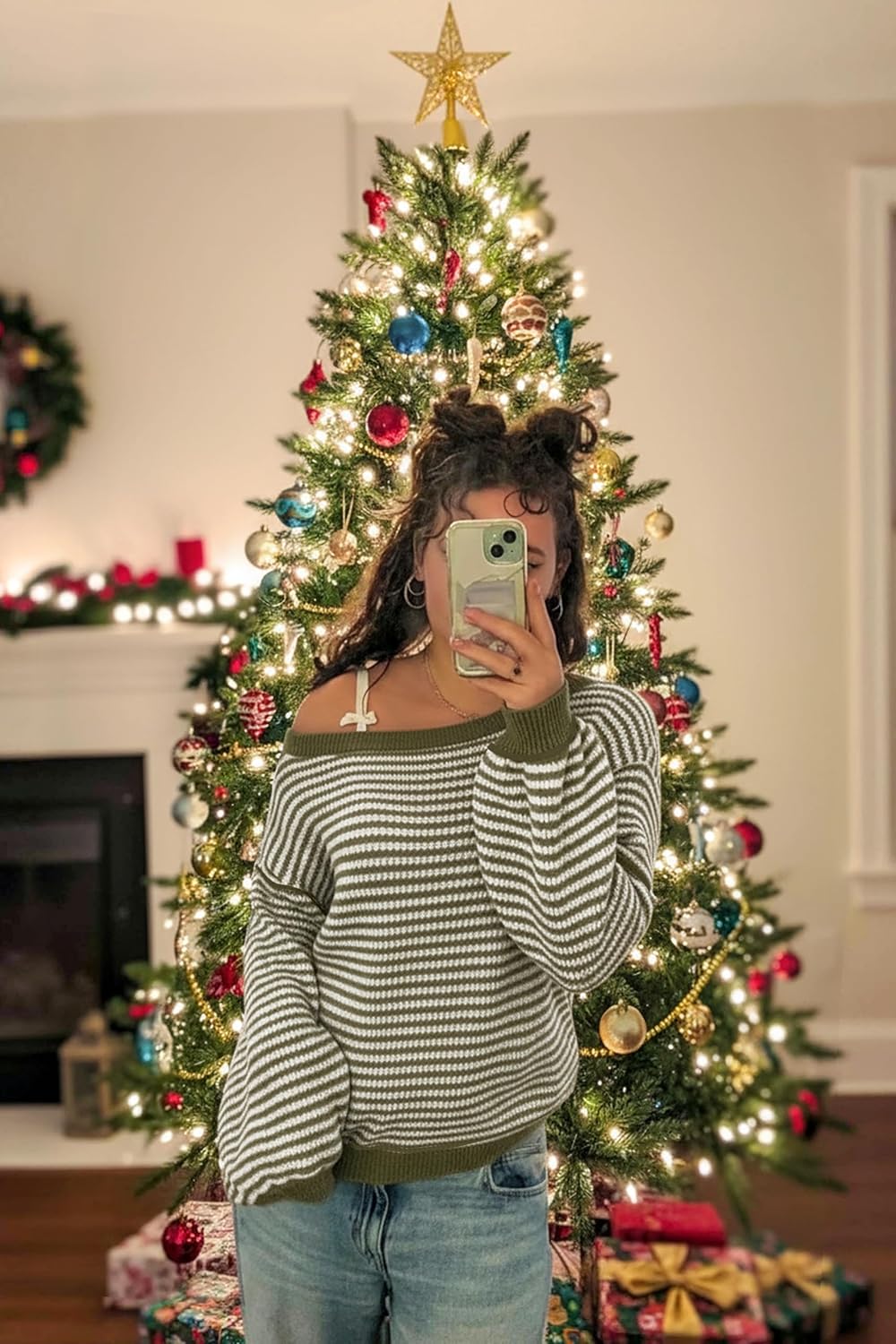 Soesdemo Womens Oversized Sweater Off The Shoulder Crewneck Striped Cute Long Sleeve Knitted Pullover Tunic Sweaters - Image 8