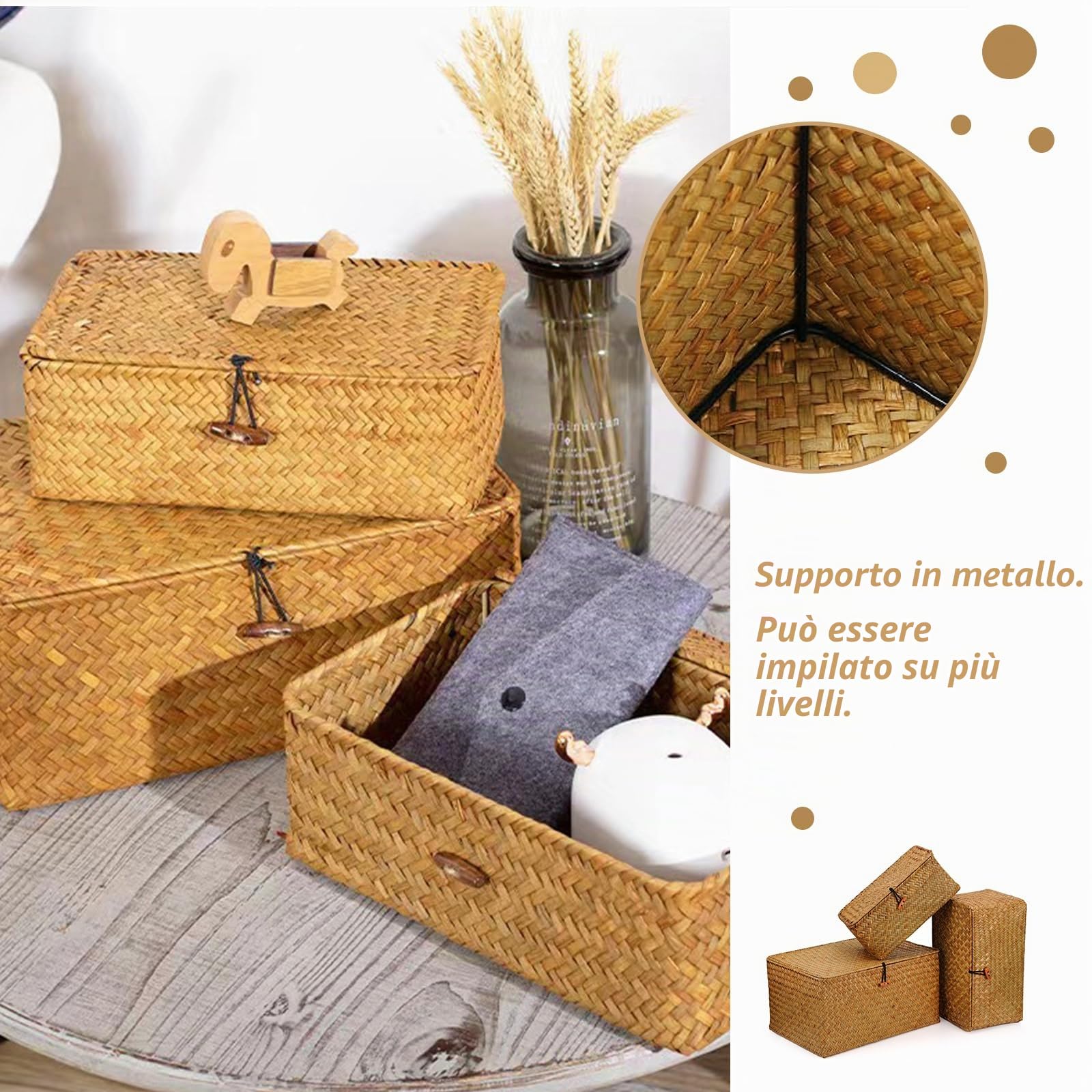 Cesto Portaoggetti in Rattan Intrecciato, Set di 3 Cestini Portaoggetti in Vimini con Coperchio, Cesta in Vimini di Seagrass, per Scaffali, Scrivania, Organizer per la CasaS(S, M, L, Arancione)