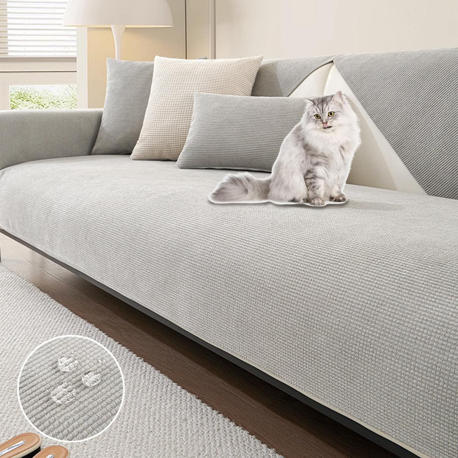 Funda de sofá chenilla impermeable 90x90 protector antimanchas gris claro