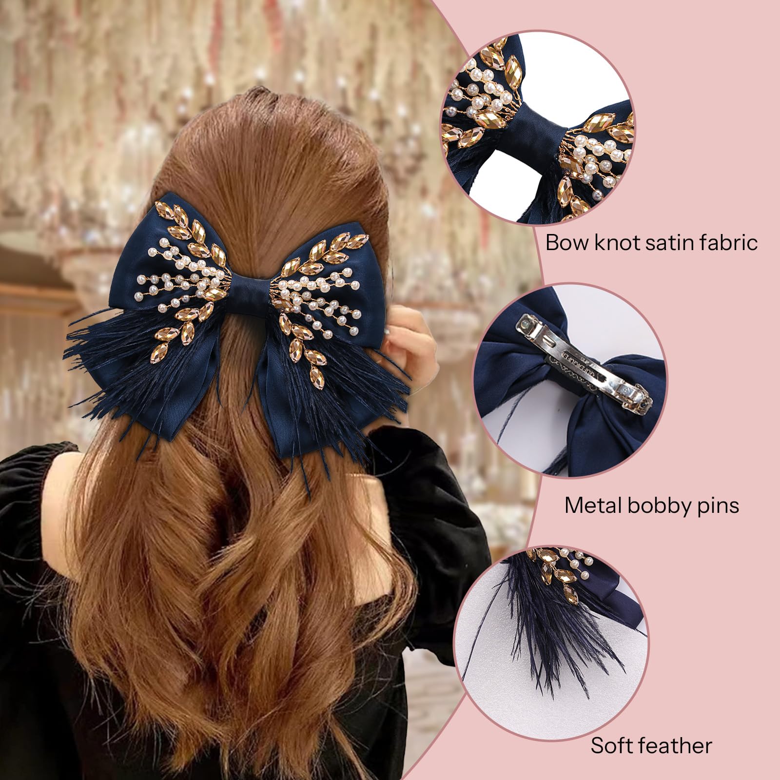 Large Silk Satin Hair Bows Clips with Pearl Crystal Feather for Women Blue Sheer Pearl Hair Bow – The Darling Effect main image 4