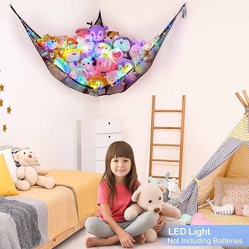 Miniatura 6 de Basumee Red de animales de peluche o hamaca con luz LED, hamaca de red de juguetes para almacenamiento de animales de peluche, hamacas para