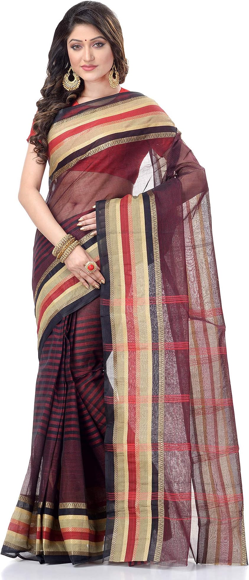 Women`s Bengal Tant Khejur Chori Design Pure Handloom Cotton Saree Without Blouse Piece (Black)