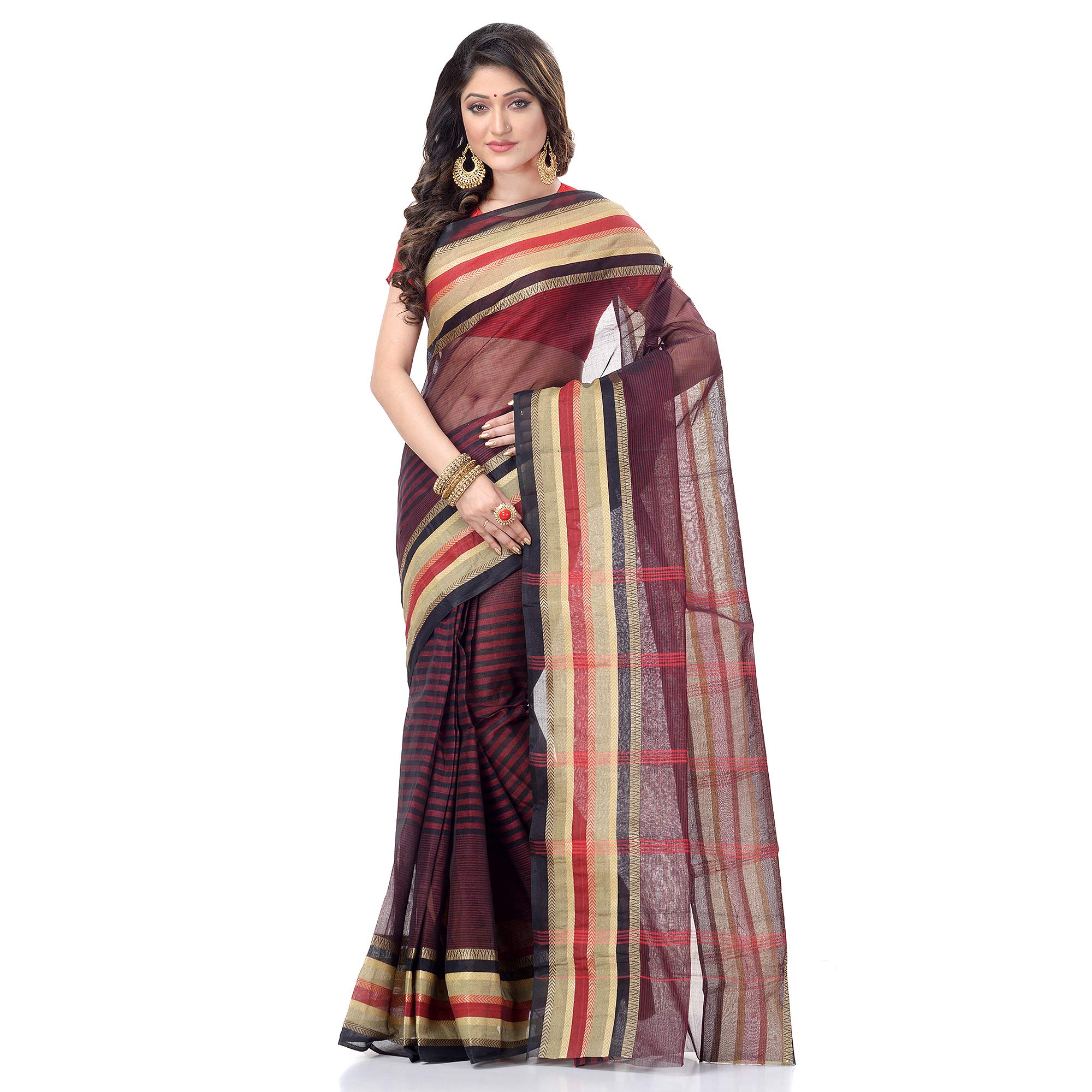 Women`s Bengal Tant Khejur Chori Design Pure Handloom Cotton Saree Without Blouse Piece (Black)