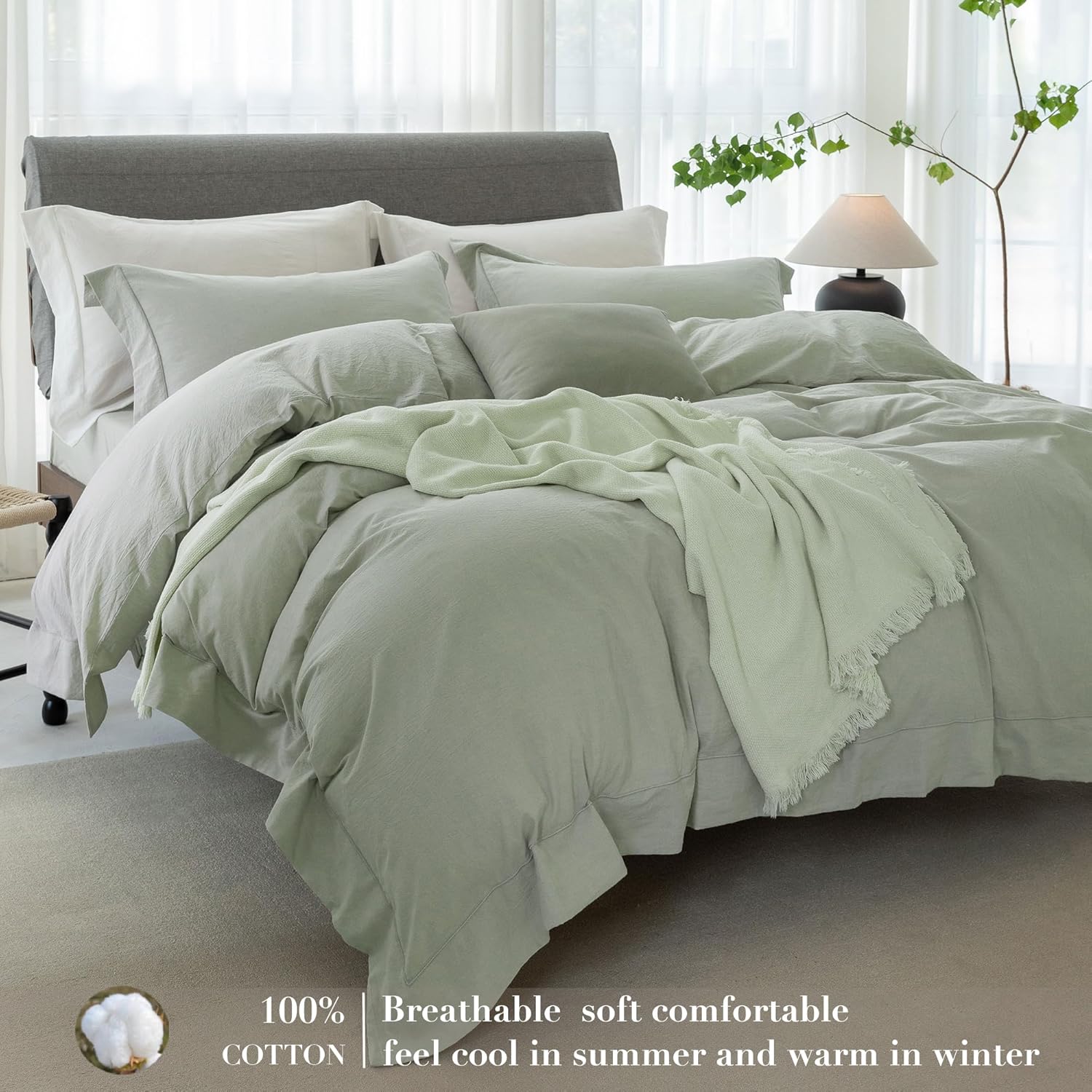 Cooling King Duvet Cover Set 3 Pieces-100% Washed Cotton with Chic Wide Trim Design Linen Like Textured Ultra Soft Cozy Bedding with Zipper Closure(Hemmed Sage Green,King 104"x90") - Image 2