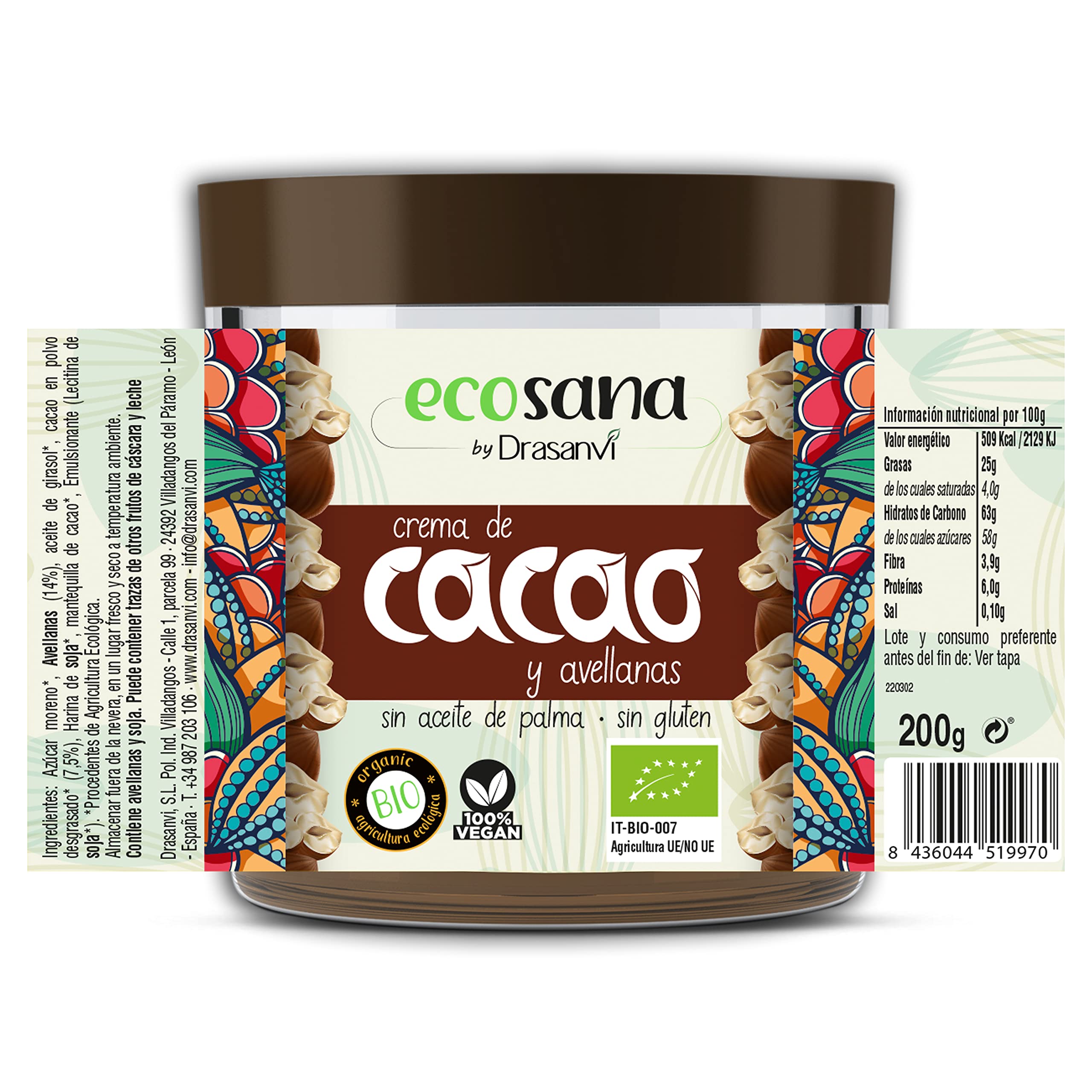 ECOSANA CREMA DE CACAO Y AVELLANAS CERTIFICADO BIO by DRASANVI - Ingredientes de procedencia ecológica - SIN aceite de palma - VEGANO - SIN GLUTEN - 200g