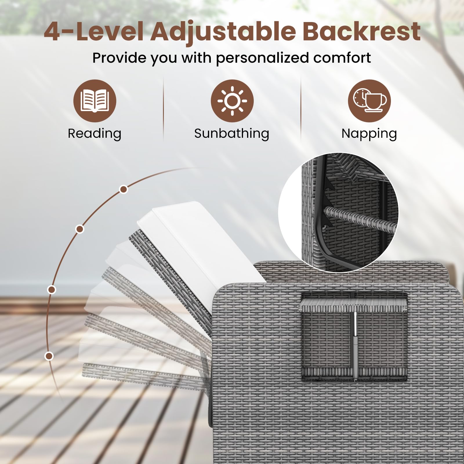 GIANTEX Set Divano da Esterno con Letto da Giorno 2 Pezzi, Divano a Due Posti in Rattan PE con Pouf Contenitore, Schienale Regolabile, Tavolini Laterali Richiudibili e Cuscini Morbidi (Bianco)