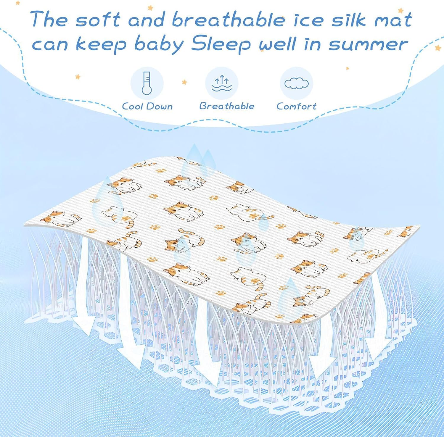 Baby Cooling Mat Cartoon Cats Ice Silk Breathable Mesh Summer Crib Mattress Pad with Pillowcase, Soft Cooling Sleeping Surface for Infant & Toddler, 52"x28"