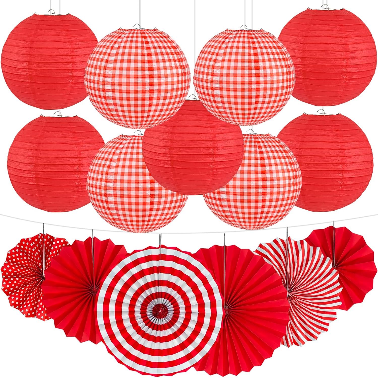 15 Pcs Red Gingham Party Decorations, 12 Inch Hanging Paper Lanterns and Fans for Picnic, BBQ, Pizza Party, Crawfish Boil, Birthday, Baby Shower, Graduation