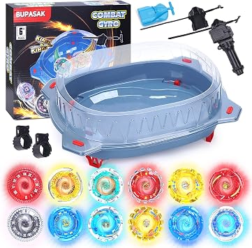 BUPASAK Light Ignite Spinning Tops Battle Set, with Stadium, 12 Light Ignite Spinning Tops, and 3 Launchers, Toys for 6 Year Old Boys & Girls & Up