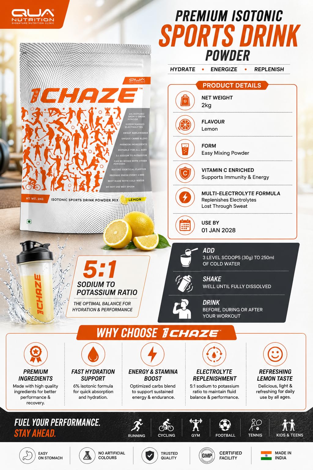 QUA Nutrition1CHAZE Isotonic Sports Drink Powder 2kg | 6% Isotonic Hydration Energy Drink | Pre & Post Workout Nutrition Drink for Men and Women | Multi-Vitamin Electrolytes | Restores Hydration & Energy — Amazon image 4