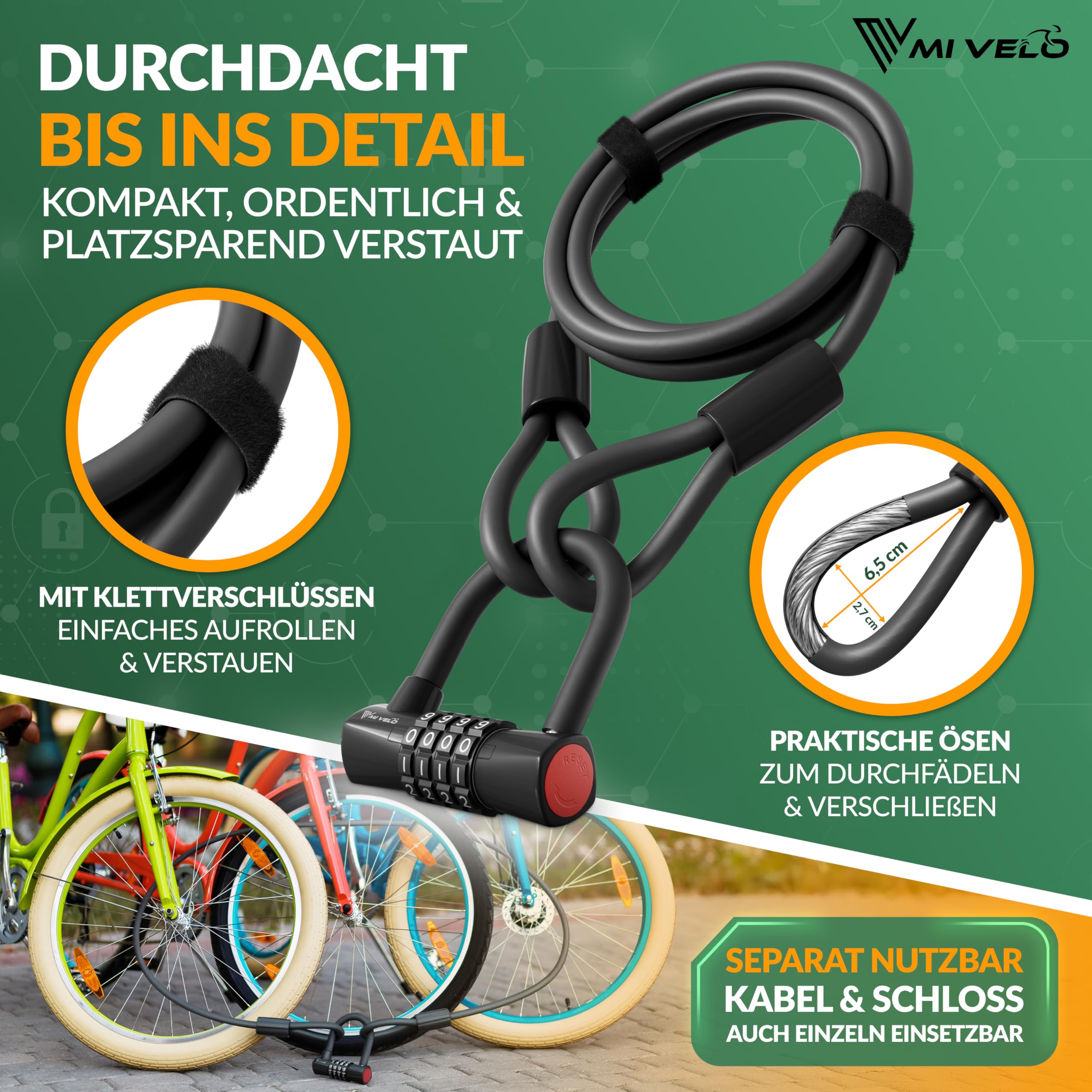 MIVELO Fahrradschloss Kabelschloss 2M lang mit Zahlencode - Schloss mit Stahlkabel für Fahrrad, Gartenmöbel uvm. - 200cm Zahlenschloss mit 10.000 möglichen Kombinationen (2 Meter mit Zahlencode)