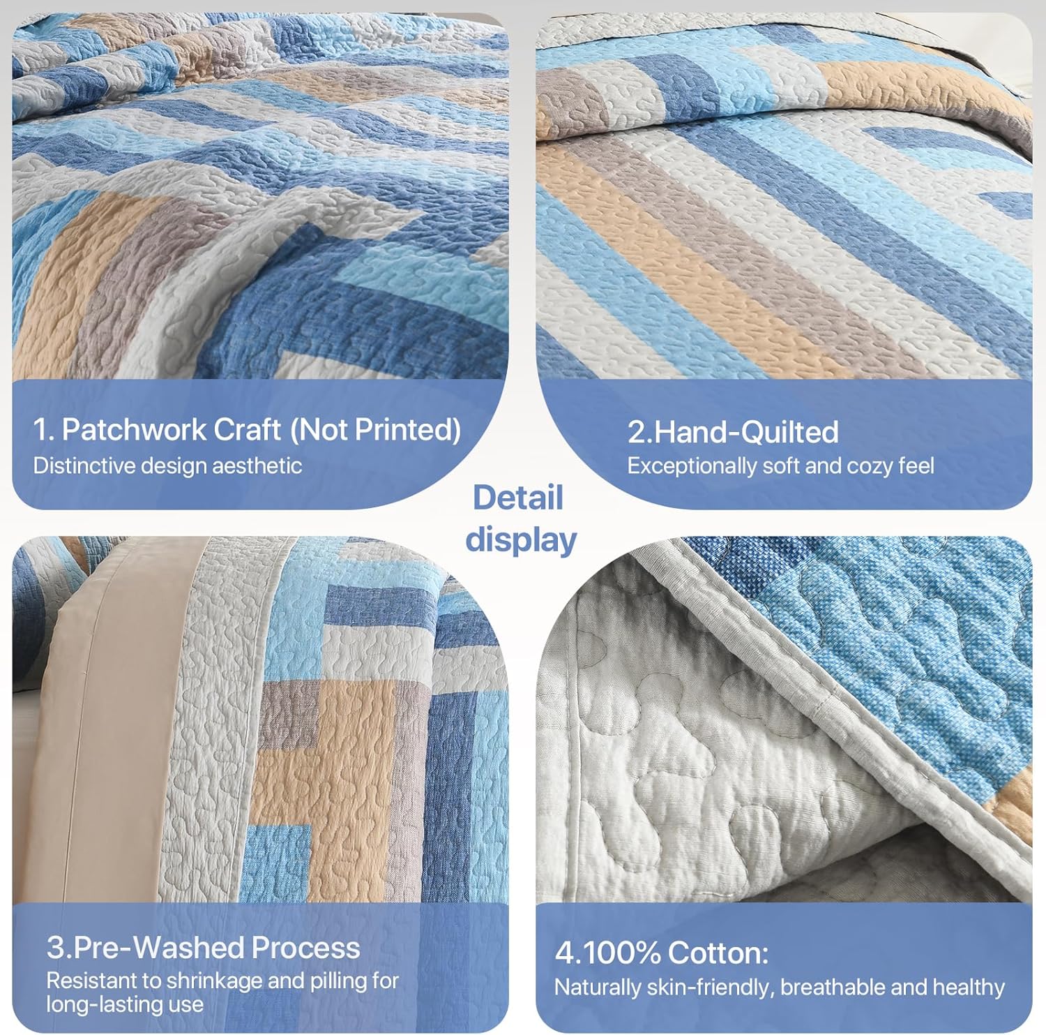 Twin Size Seersucker Quilt Set - 100% Cotton Blue Stripe Reversible Comforter Coverlet Bedspread (68"x90" with 1 Sham)