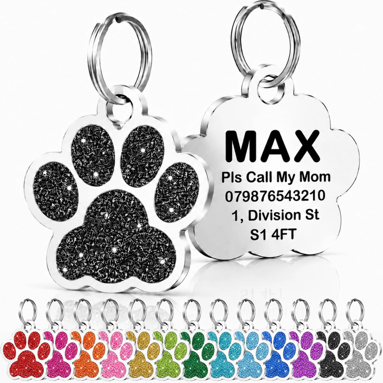 Personalised Cat Tags, Dog Tags for Pets UK Prime, Deep Engraved Pet ID Tags for Dogs & Cats, Glitter Paw Print Stainless Steel Cat Name Tag, Doggy Cat Kitten Kitty Puppy Tag (Black Paw, S)