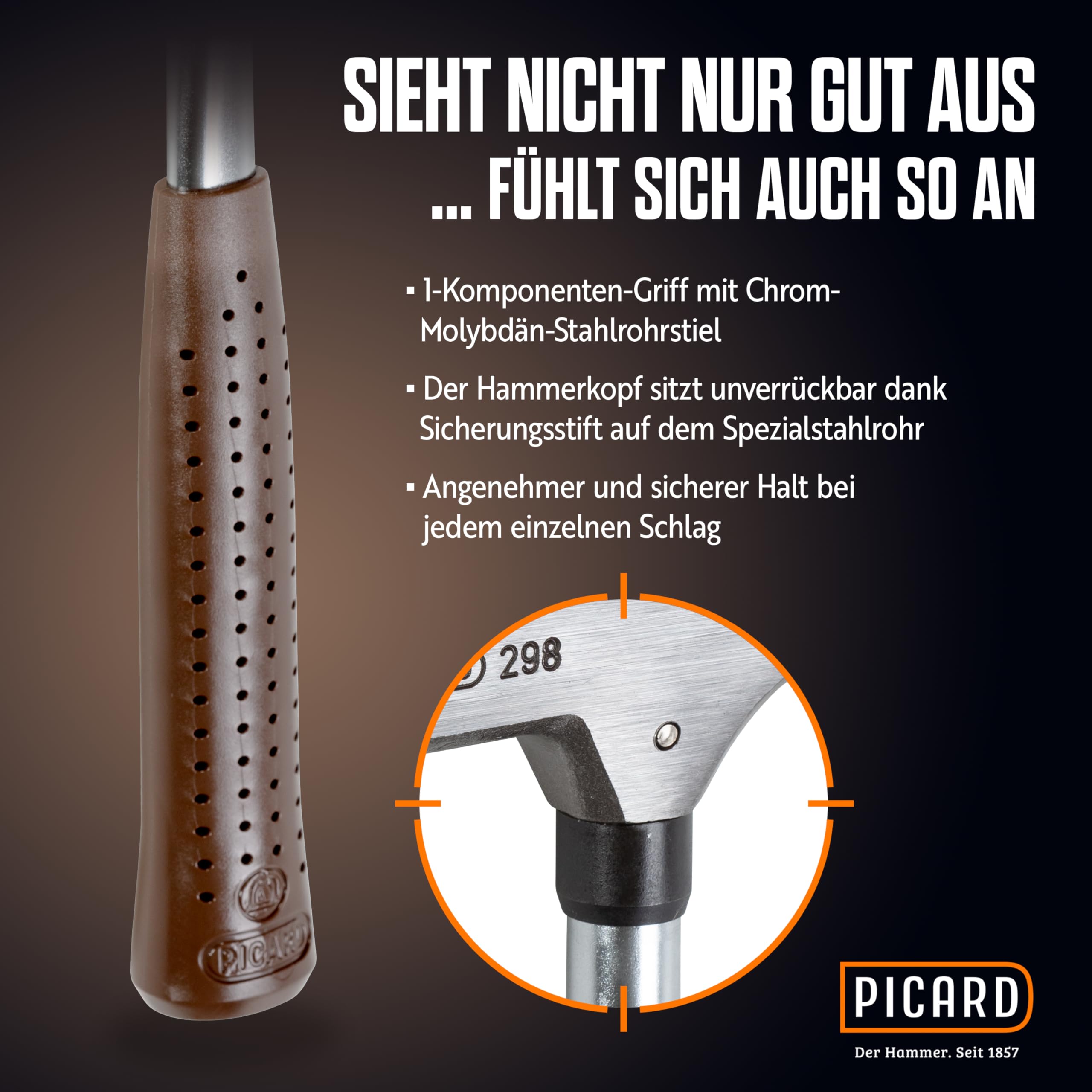 PICARD Młotek ciesielski nr 298 + łom do gwoździ | waga główki 600 g | chropowata ścieżka | magnetyczny uchwyt na gwoździe | ochrona przed korozją | rurowy trzonek ze stali chromowo-molibdenowej |