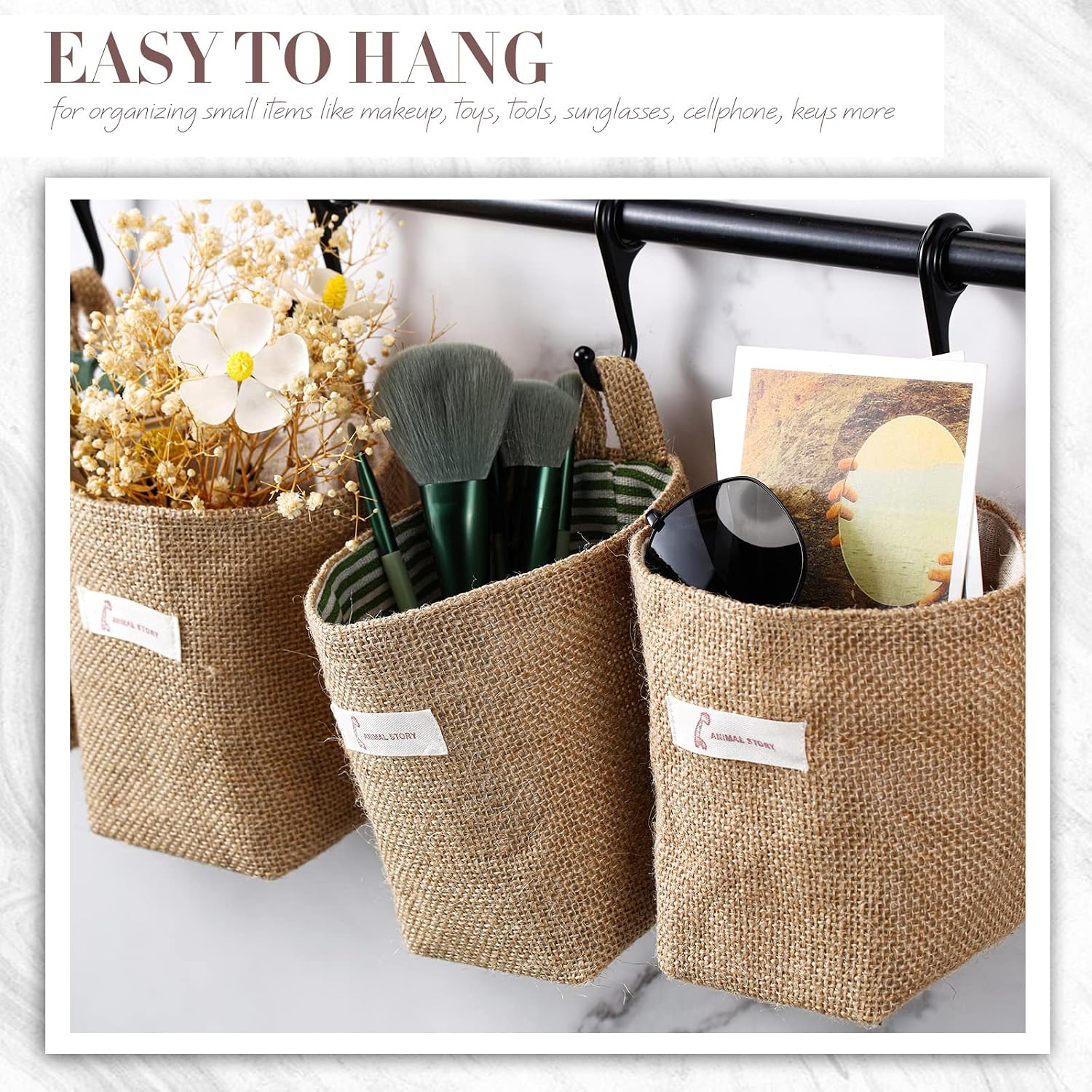 Boao 18 Pcs Wall Hanging Storage Foldable Basket Bags for Organizer Decorative Small Cotton Linen Box 5 x 4.7 Collapsible Bin Bag with Handle, Family Door Closet Desktop Gadget Decor